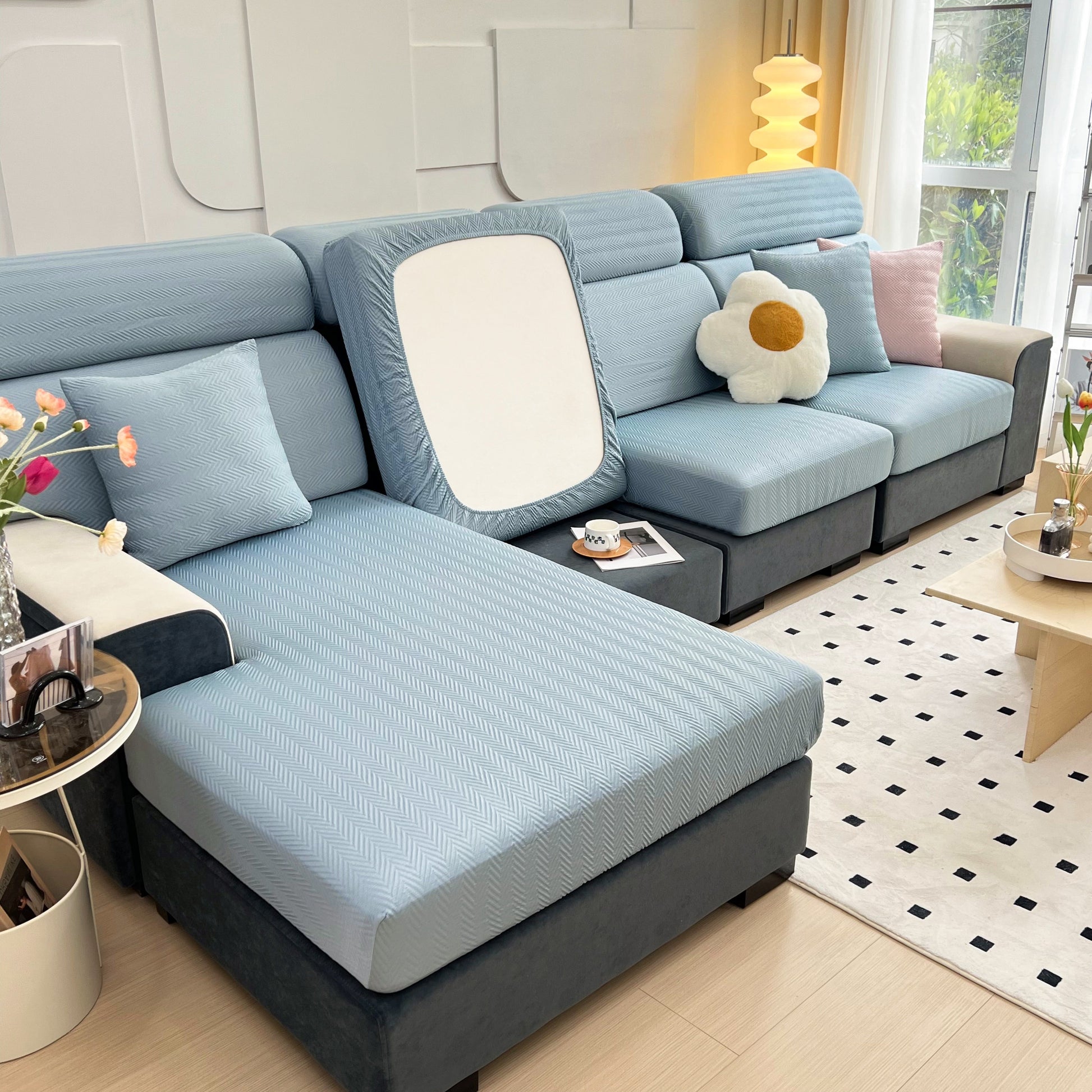 Cooling Stretchy Replacement Couch Cushion Covers for Sectional, Individual Couch Seat Cushion Covers on blue sectional sofa