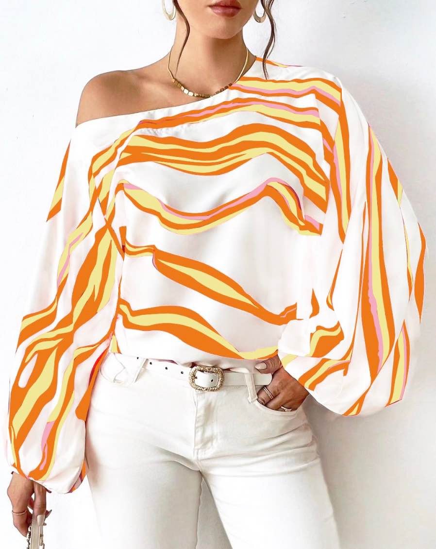 Off-Shoulder Wavy Stripe Short Sleeve Top