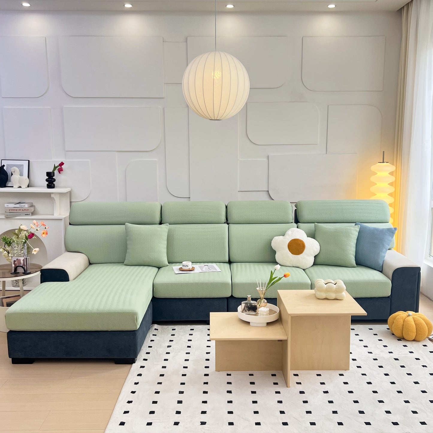 Modern living room with light green Cooling Stretchy Replacement Couch Cushion Covers for Sectional, Individual Couch Seat Cushion Covers