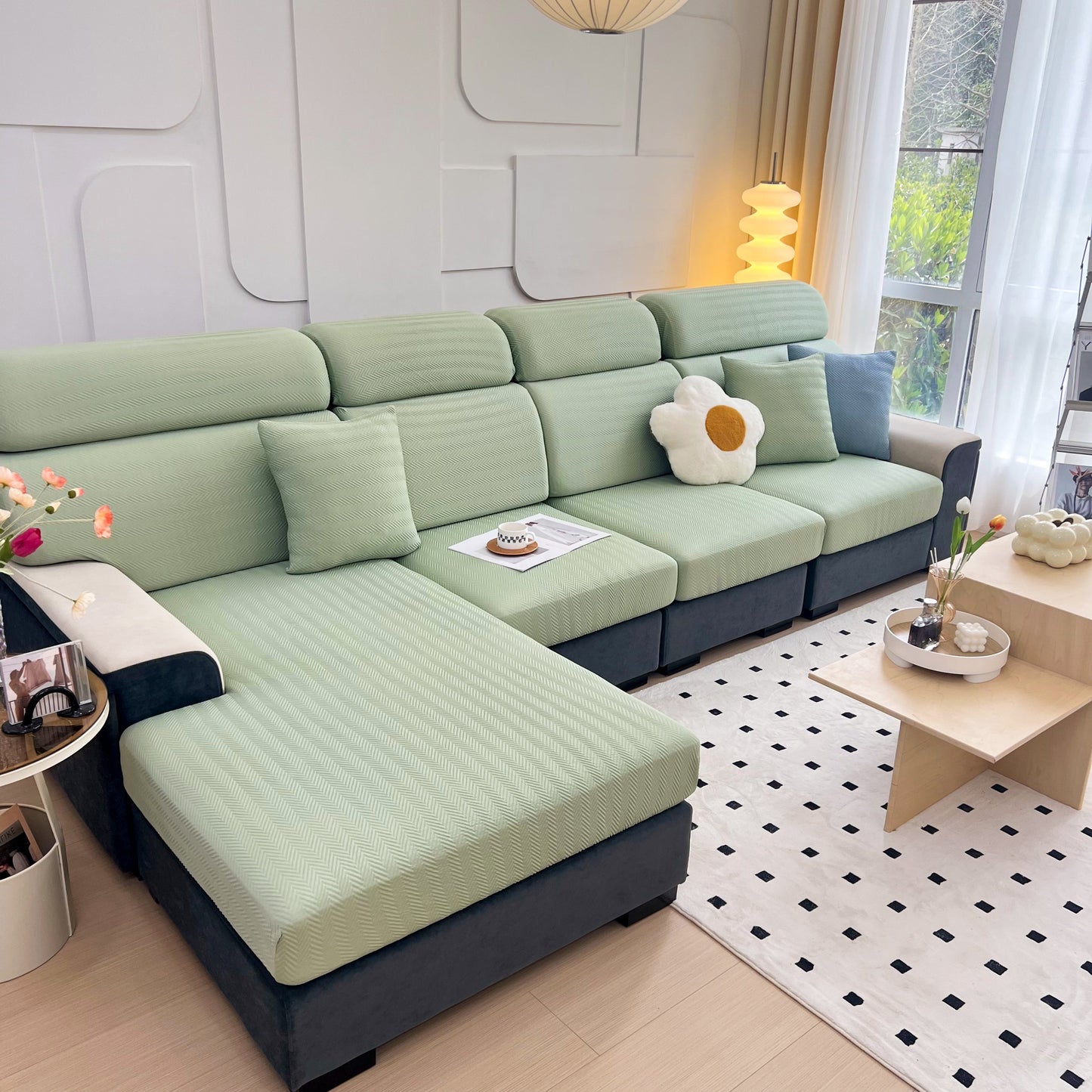 Cooling Stretchy Replacement Couch Cushion Covers for Sectional, Individual Couch Seat Cushion Covers on green sectional sofa.