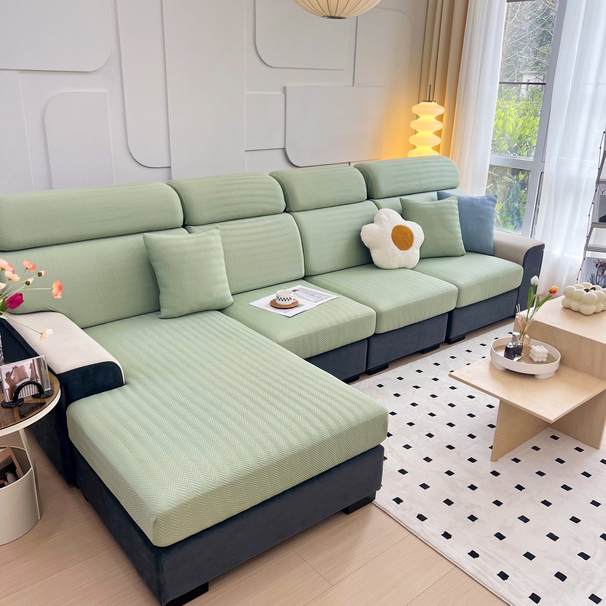 Cooling Stretchy Replacement Couch Cushion Covers for Sectional, Individual Couch Seat Cushion Covers on green sectional sofa.