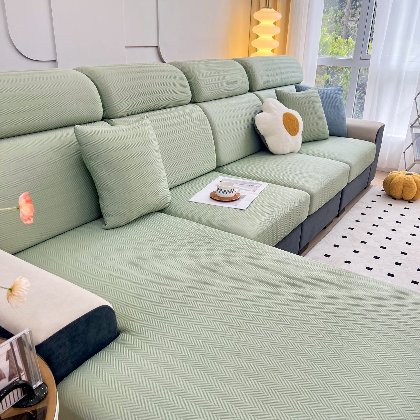 Cooling Stretchy Replacement Couch Cushion Covers for Sectional, Individual Couch Seat Cushion Covers on green sofa