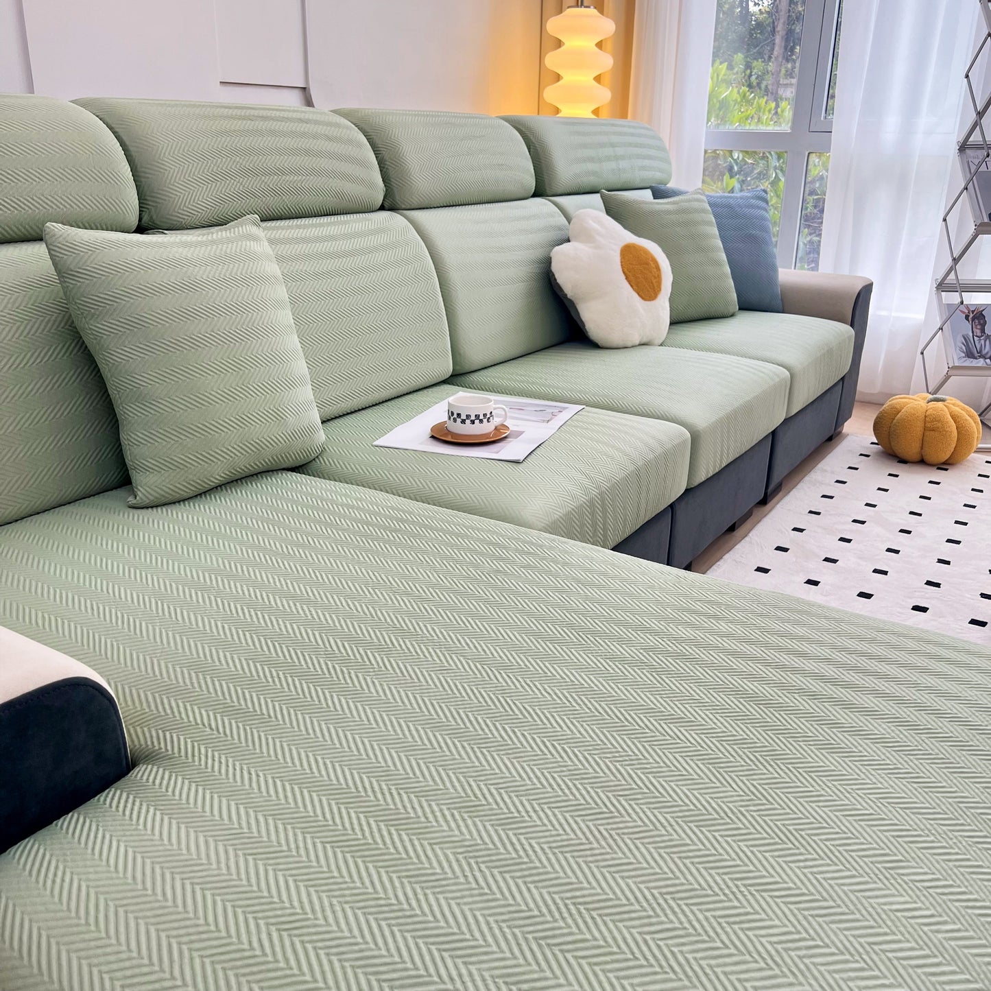 Cooling Stretchy Replacement Couch Cushion Covers for Sectional, Individual Couch Seat Cushion Covers on a green sofa