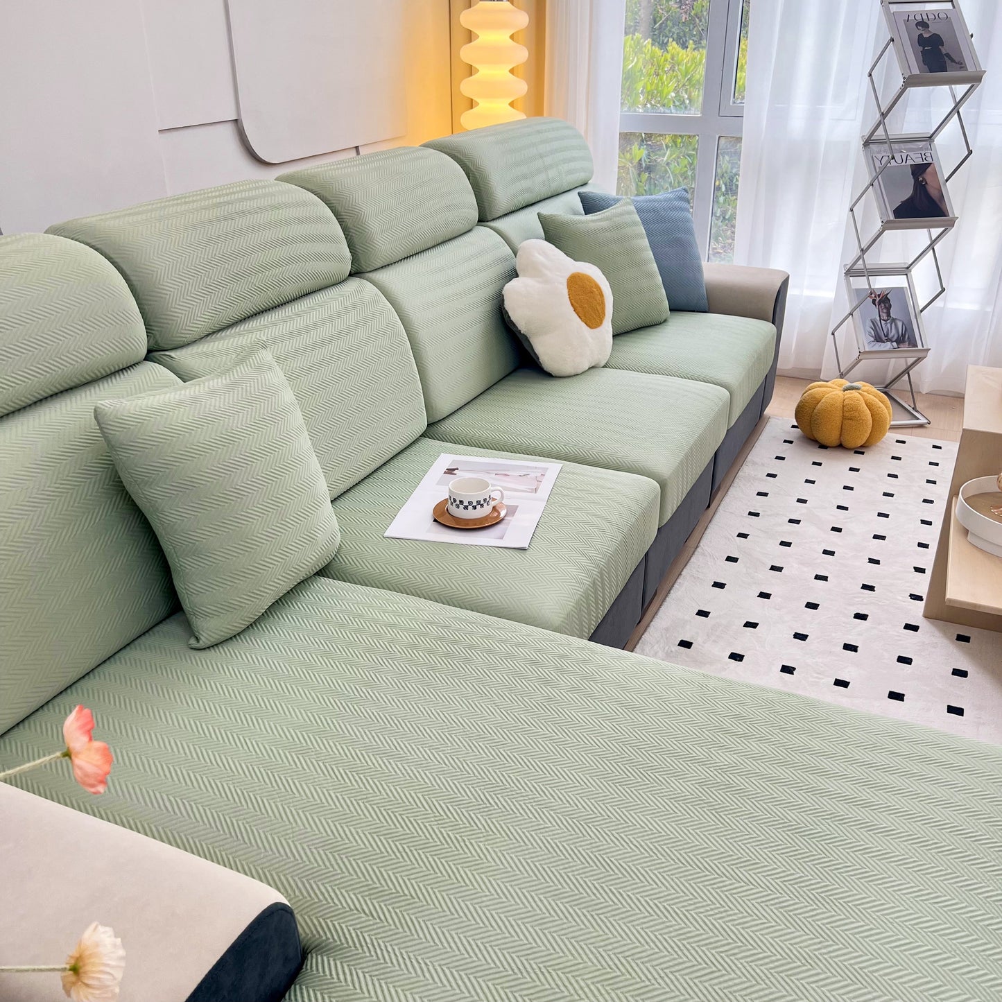 Cooling Stretchy Replacement Couch Cushion Covers for Sectional, Individual Couch Seat Cushion Covers on green sofa