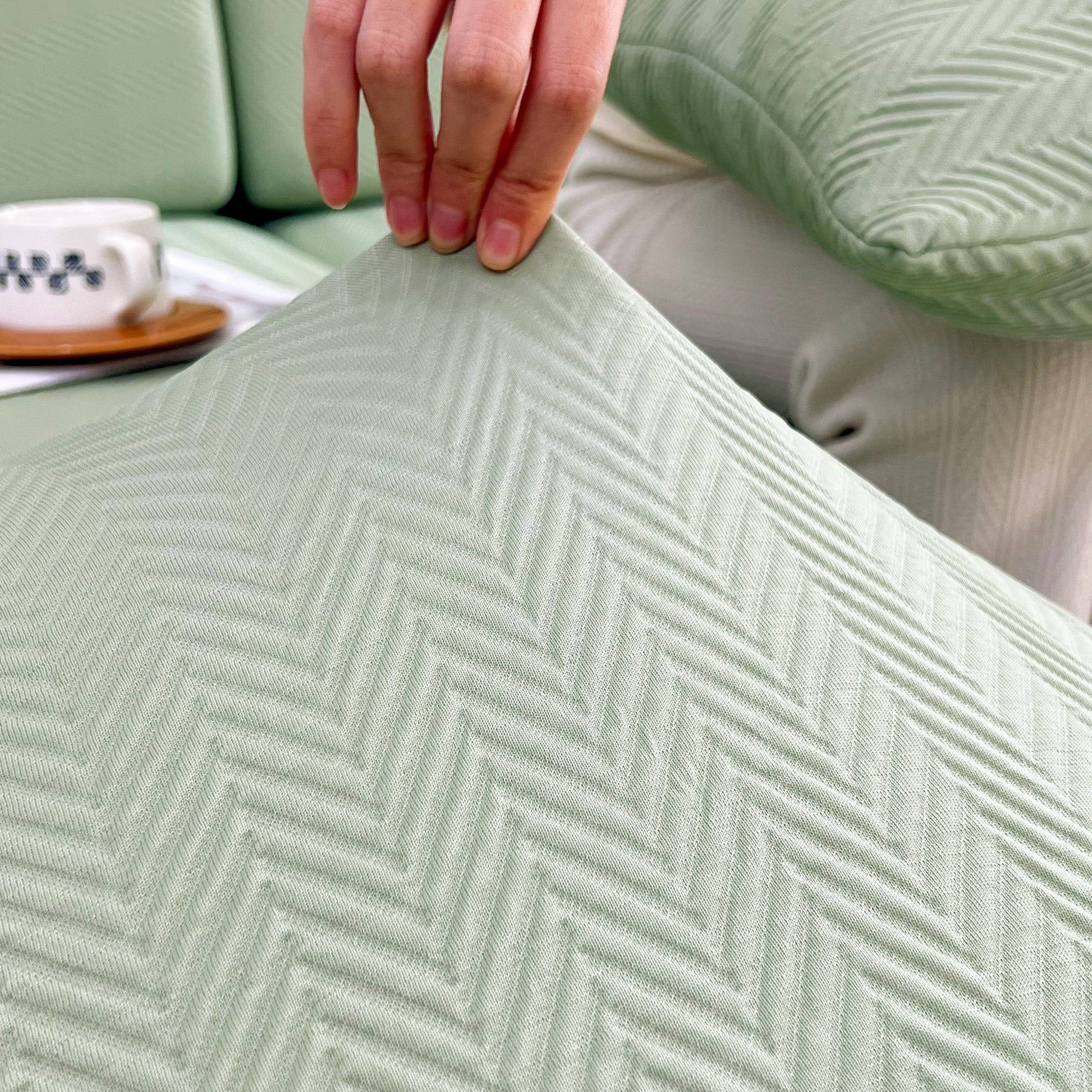 Cooling Stretchy Replacement Couch Cushion Covers for Sectional, Individual Couch Seat Cushion Covers in green with hand adjusting