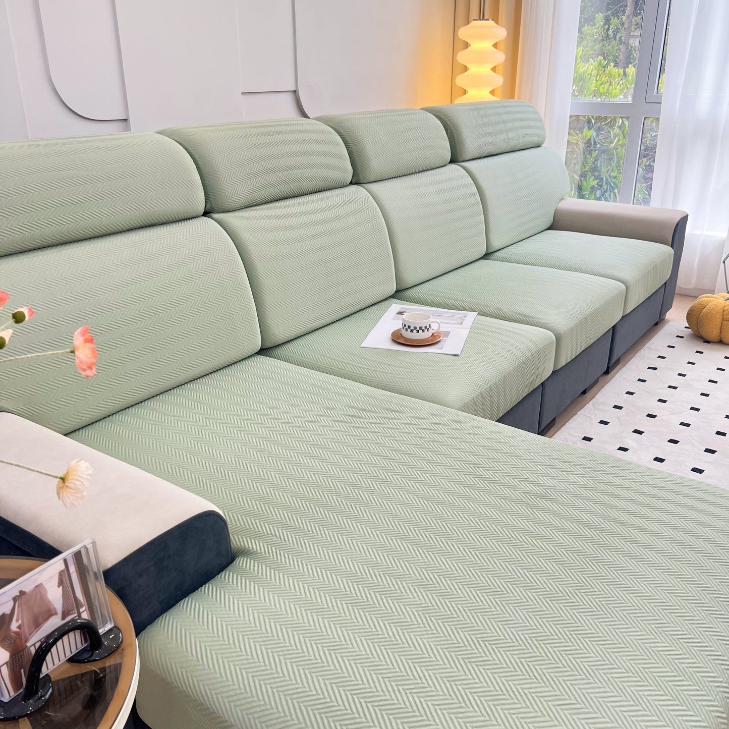 Cooling Stretchy Replacement Couch Cushion Covers for Sectional shown on a modern sofa, made from cooling ice silk fabric.