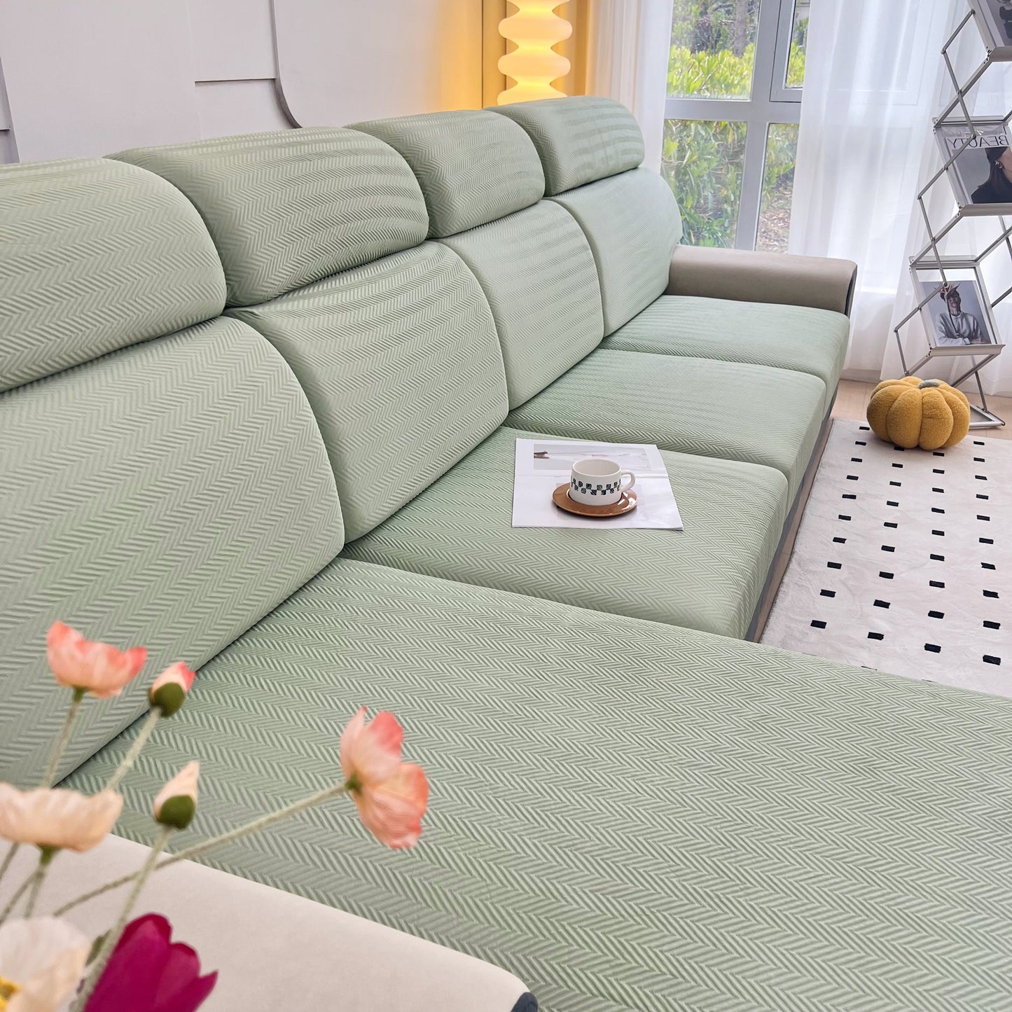 Modern living room with a sectional sofa featuring Cooling Stretchy Replacement Couch Cushion Covers for Sectional, green color.