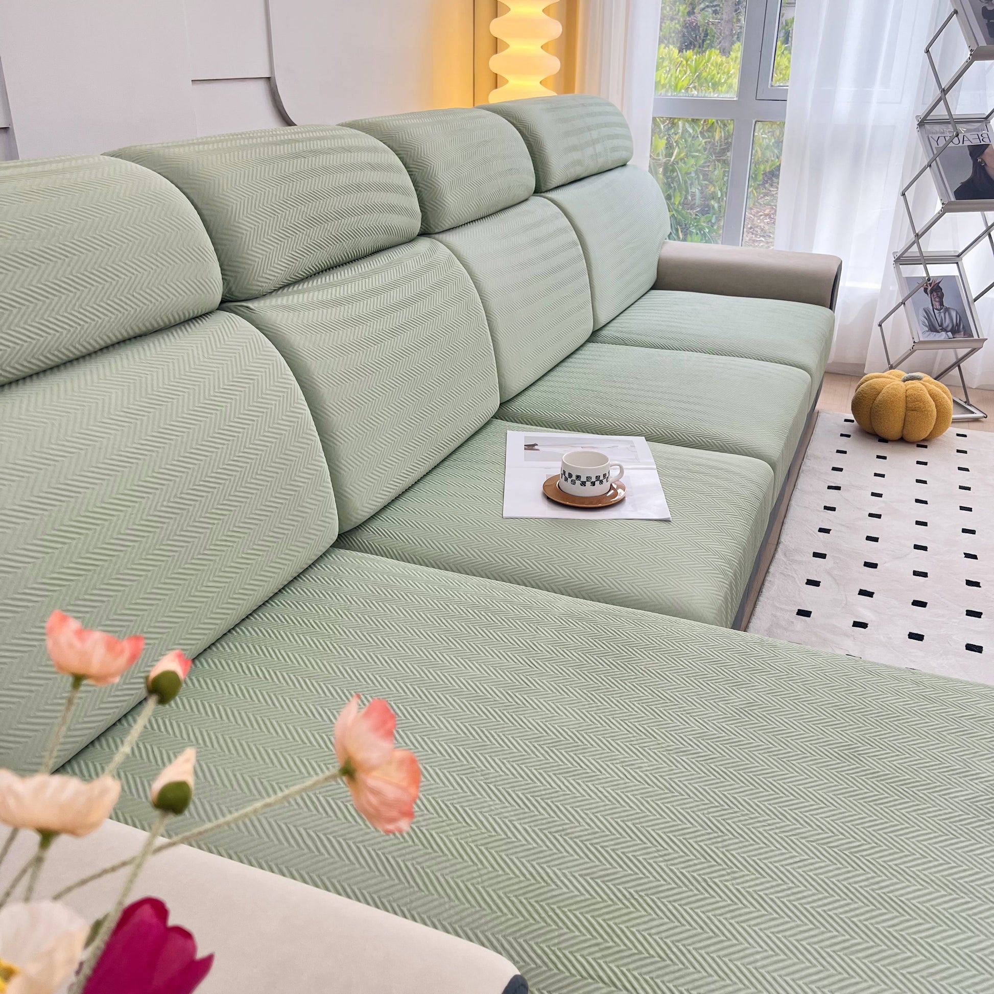 Modern living room with a sectional sofa featuring Cooling Stretchy Replacement Couch Cushion Covers for Sectional, green color.