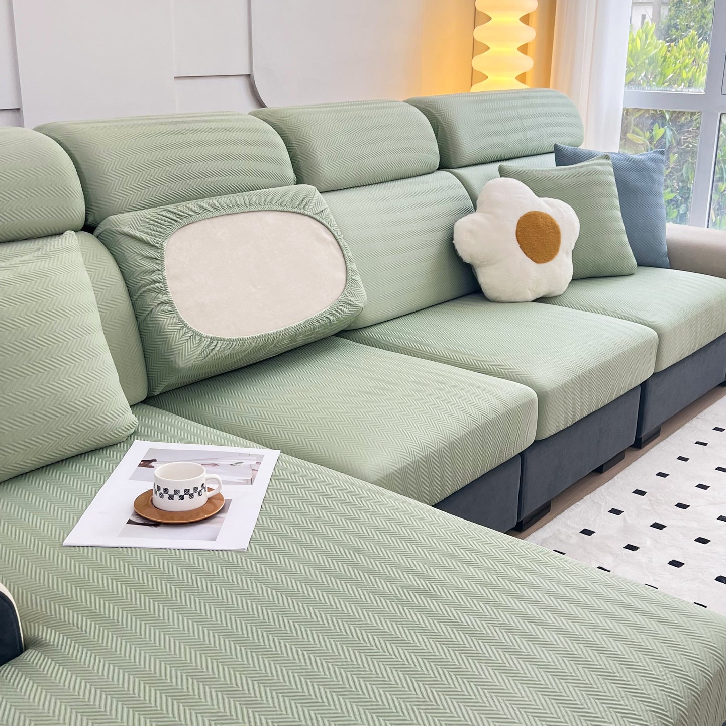 Cooling Stretchy Replacement Couch Cushion Covers for Sectional, Individual Couch Seat Cushion Covers on a stylish green sofa