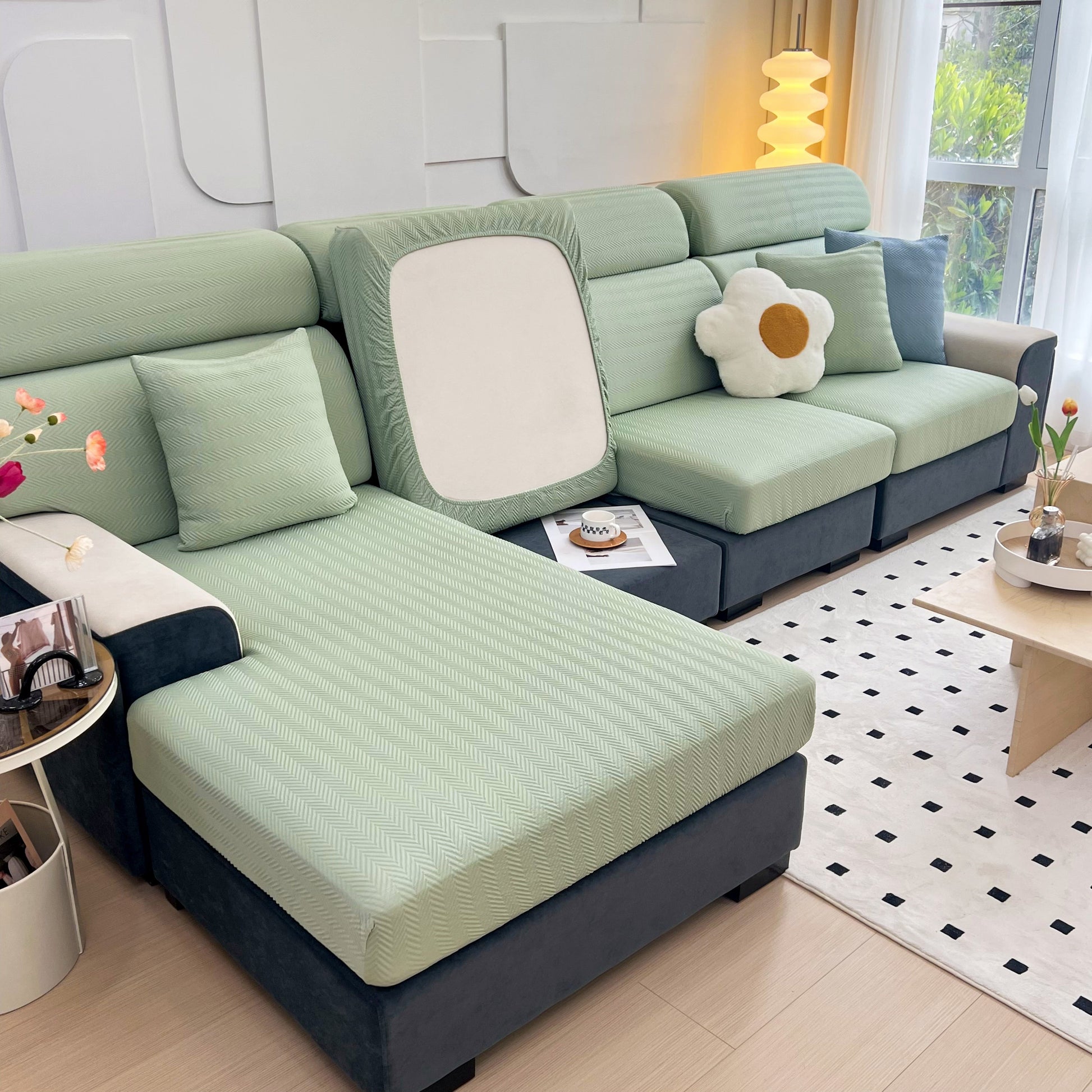Cooling Stretchy Replacement Couch Cushion Covers for Sectional, Individual Couch Seat Cushion Covers in living room setting