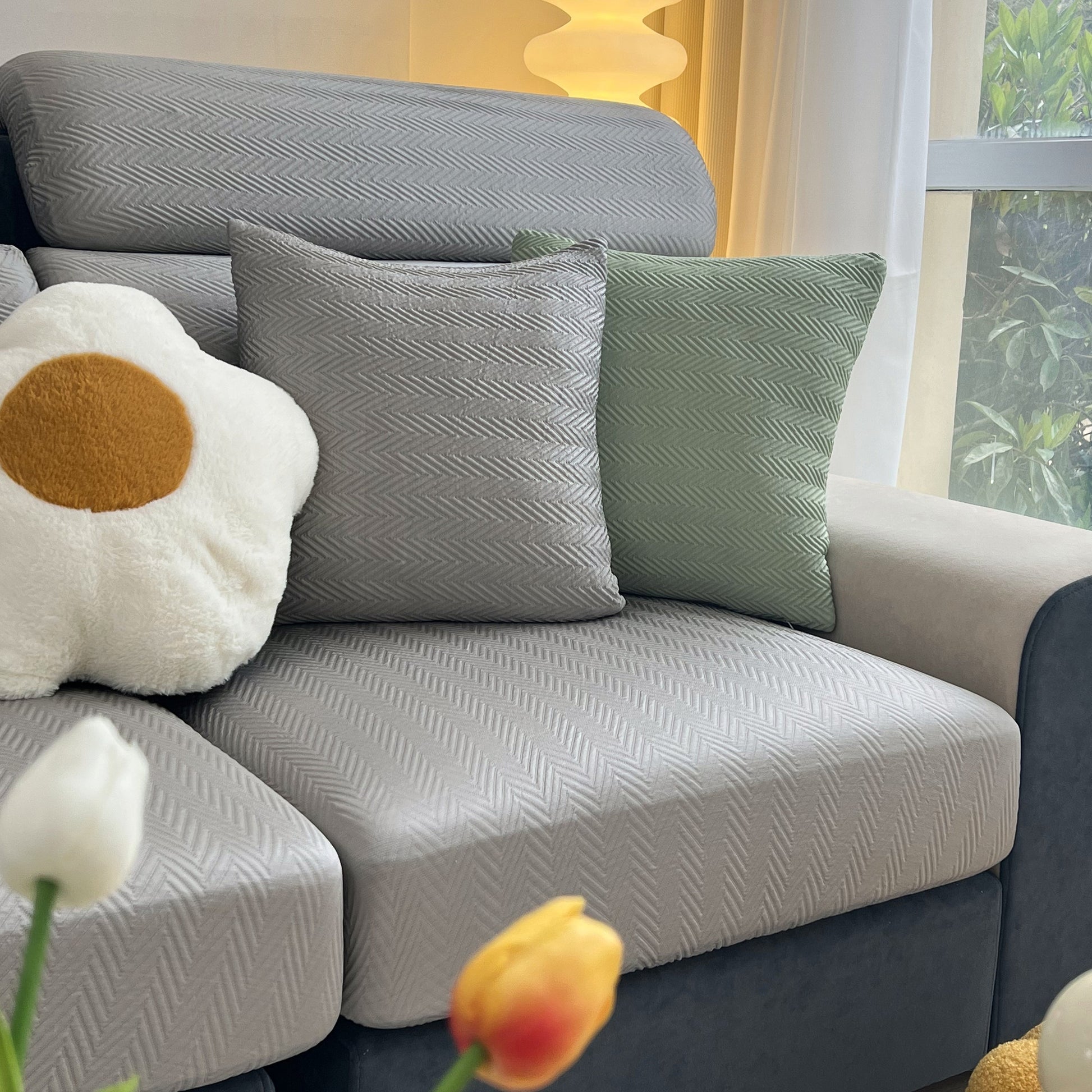 Cooling Stretchy Replacement Couch Cushion Covers for Sectional, Individual Couch Seat Cushion Covers on a sofa with pillows