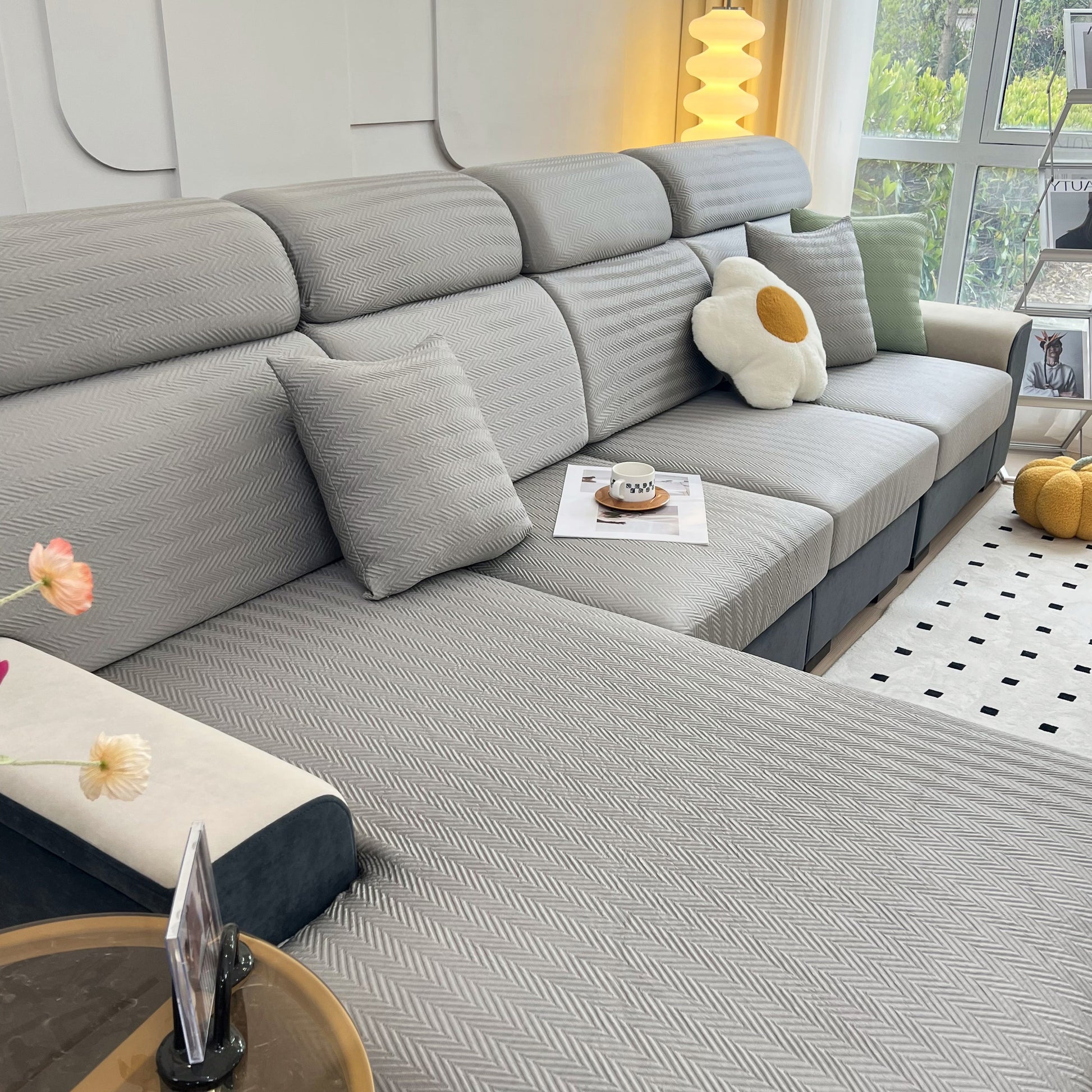 Cooling Stretchy Replacement Couch Cushion Covers for Sectional, Individual Couch Seat Cushion Covers on a modern grey sofa