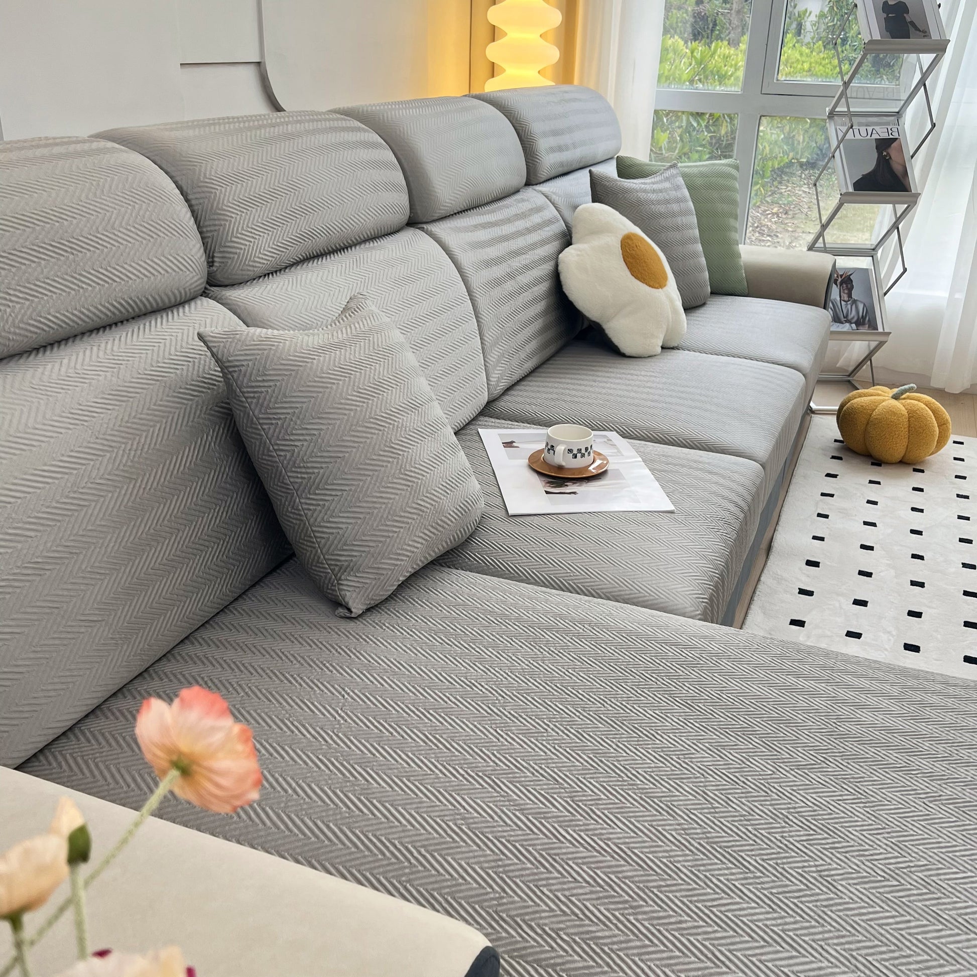 Cooling Stretchy Replacement Couch Cushion Covers for Sectional on modern grey sofa.