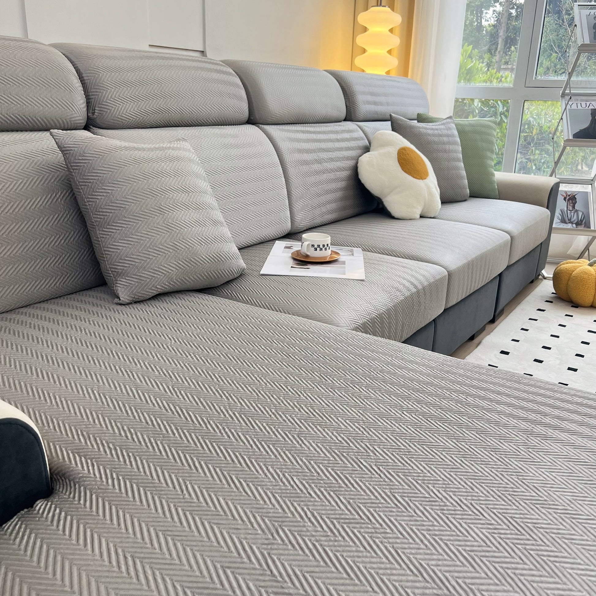 Cooling Stretchy Replacement Couch Cushion Covers for Sectional, Individual Couch Seat Cushion Covers on grey sofa with pillows