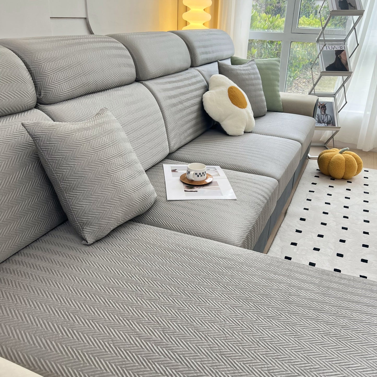Cooling Stretchy Replacement Couch Cushion Covers for Sectional, Individual Couch Seat Cushion Covers on a stylish grey sofa.