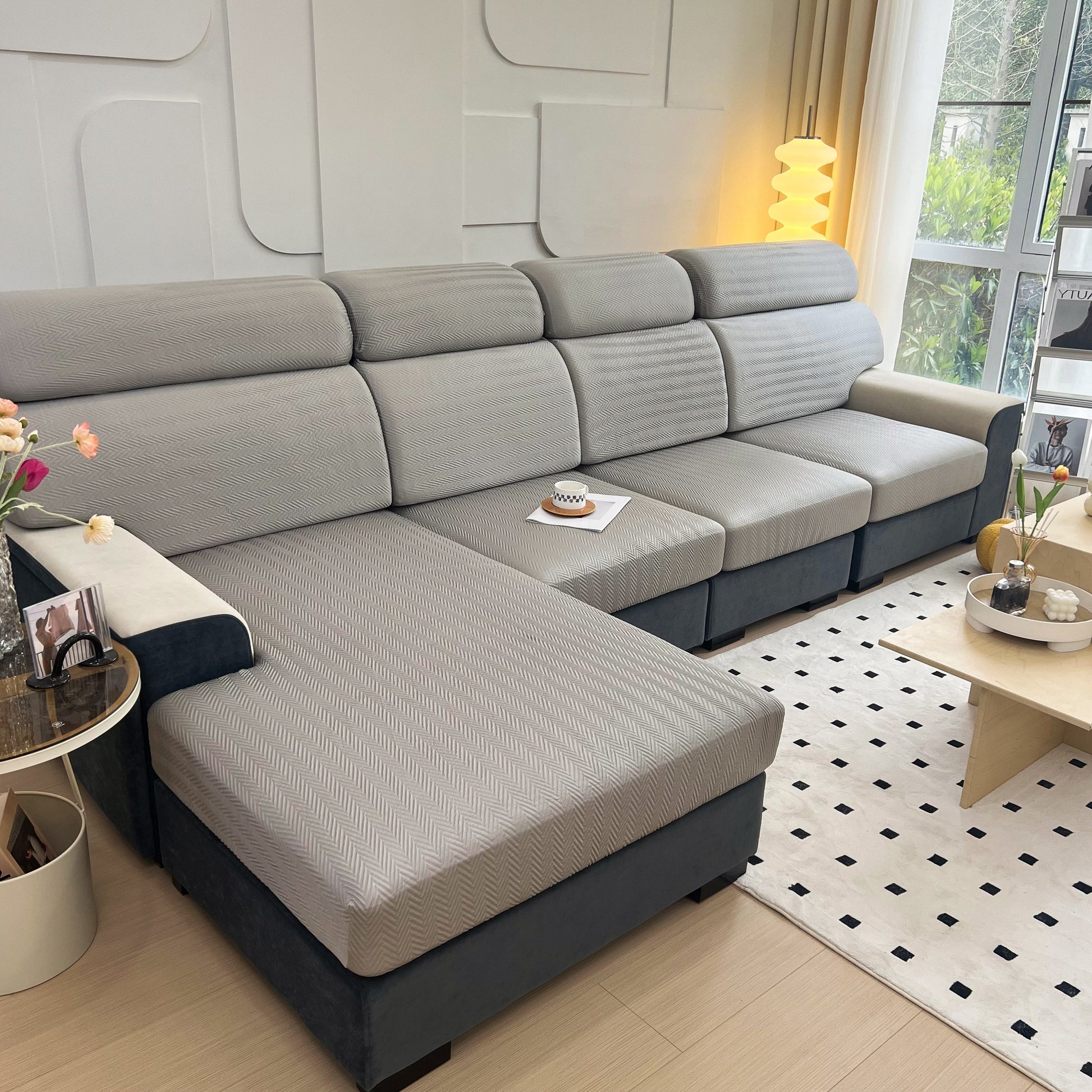Cooling Stretchy Replacement Couch Cushion Covers for Sectional, Individual Couch Seat Cushion Covers on a modern sectional sofa.