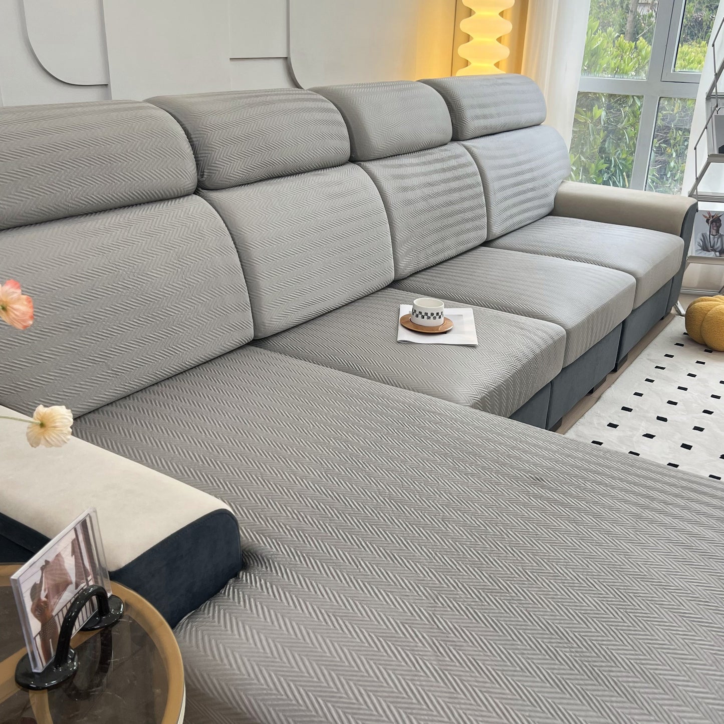Cooling Stretchy Replacement Couch Cushion Covers for Sectional, Individual Couch Seat Cushion Covers on a modern gray sofa.