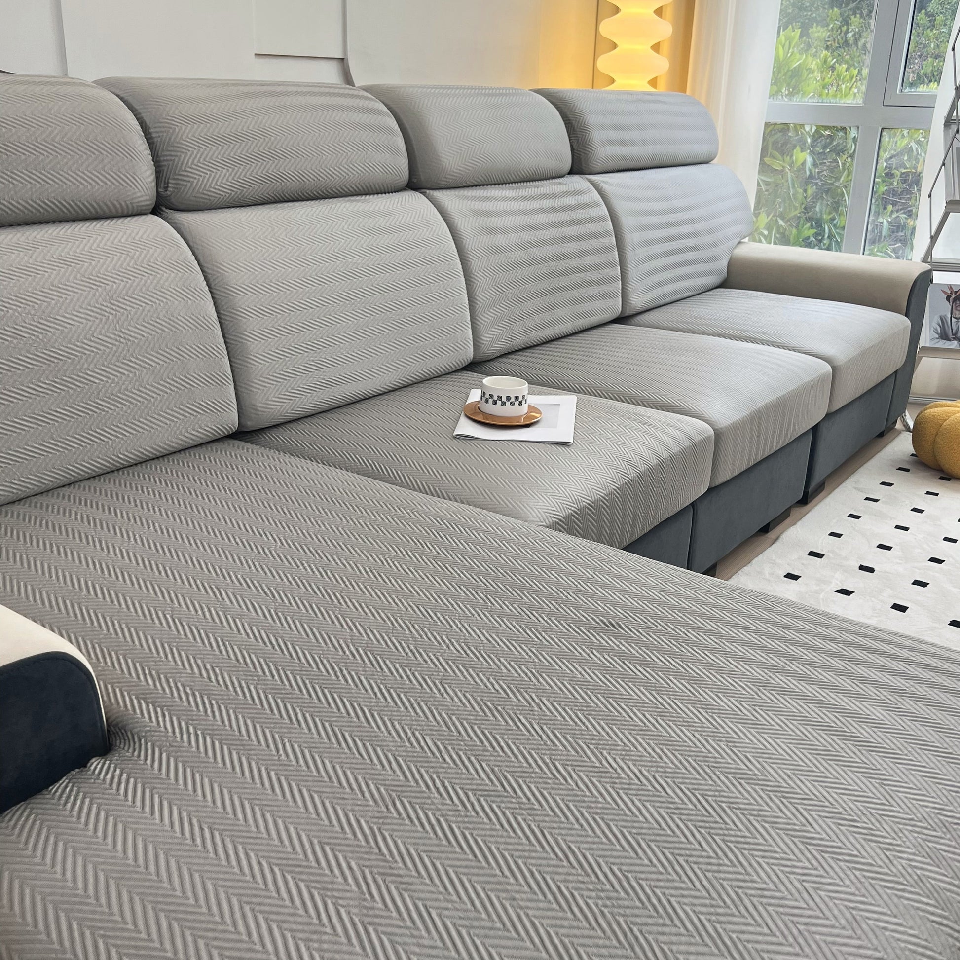 Modern living room with Cooling Stretchy Replacement Couch Cushion Covers for Sectional, Individual Couch Seat Cushion Covers in gray.