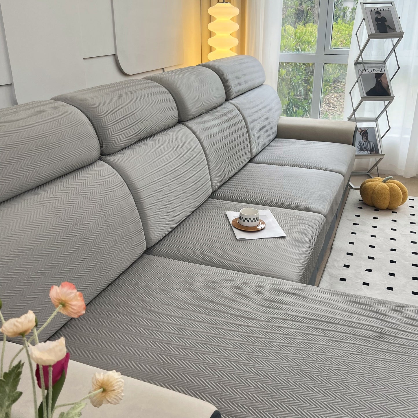 Cooling Stretchy Replacement Couch Cushion Covers for Sectional on a stylish modern sofa in a living room setting.