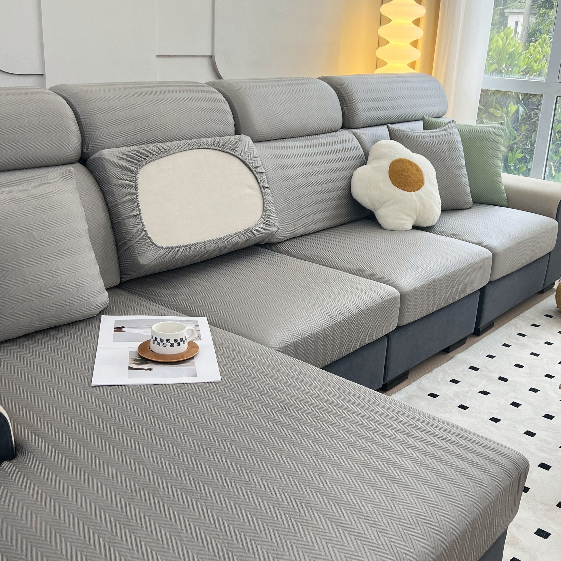 Cooling Stretchy Replacement Couch Cushion Covers for Sectional, Individual Couch Seat Cushion Covers on modern grey sofa