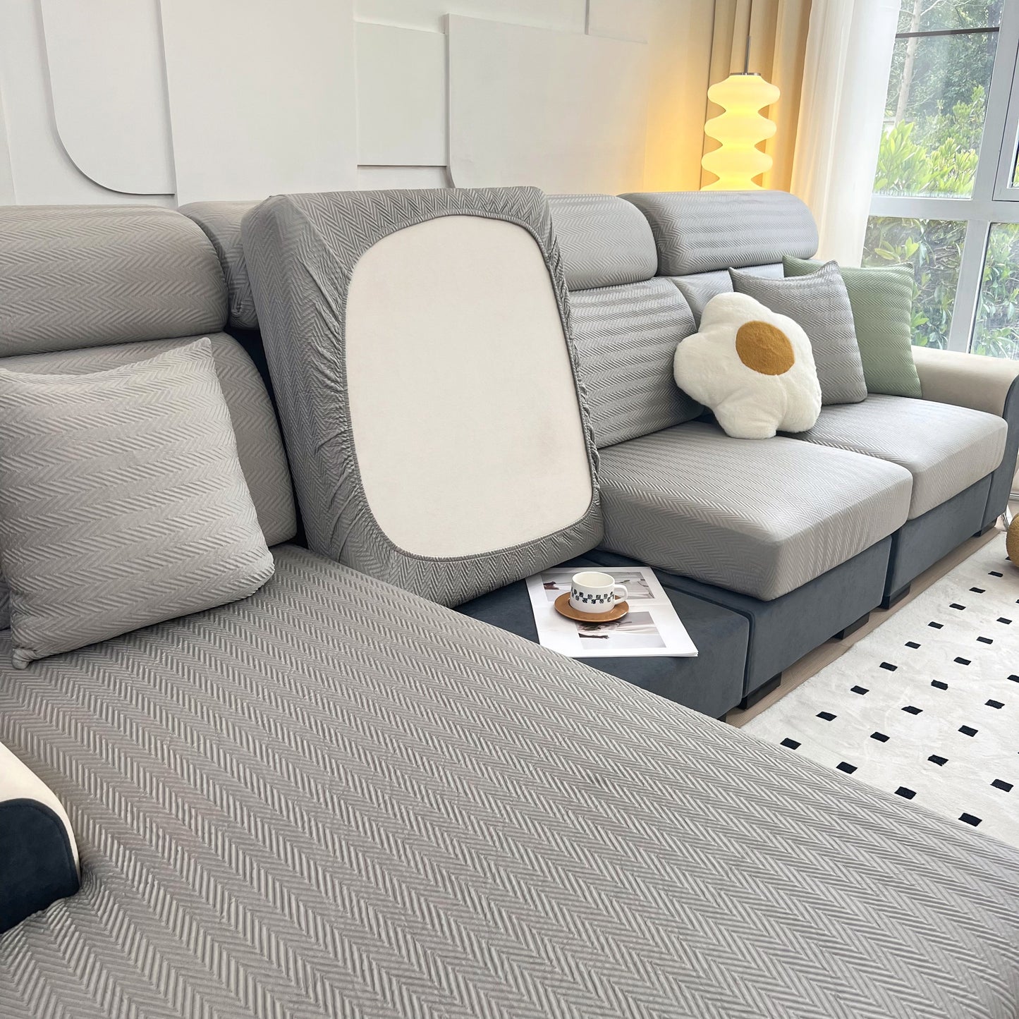 Living room with Cooling Stretchy Replacement Couch Cushion Covers for Sectional, Individual Couch Seat Cushion Covers in modern decor setup