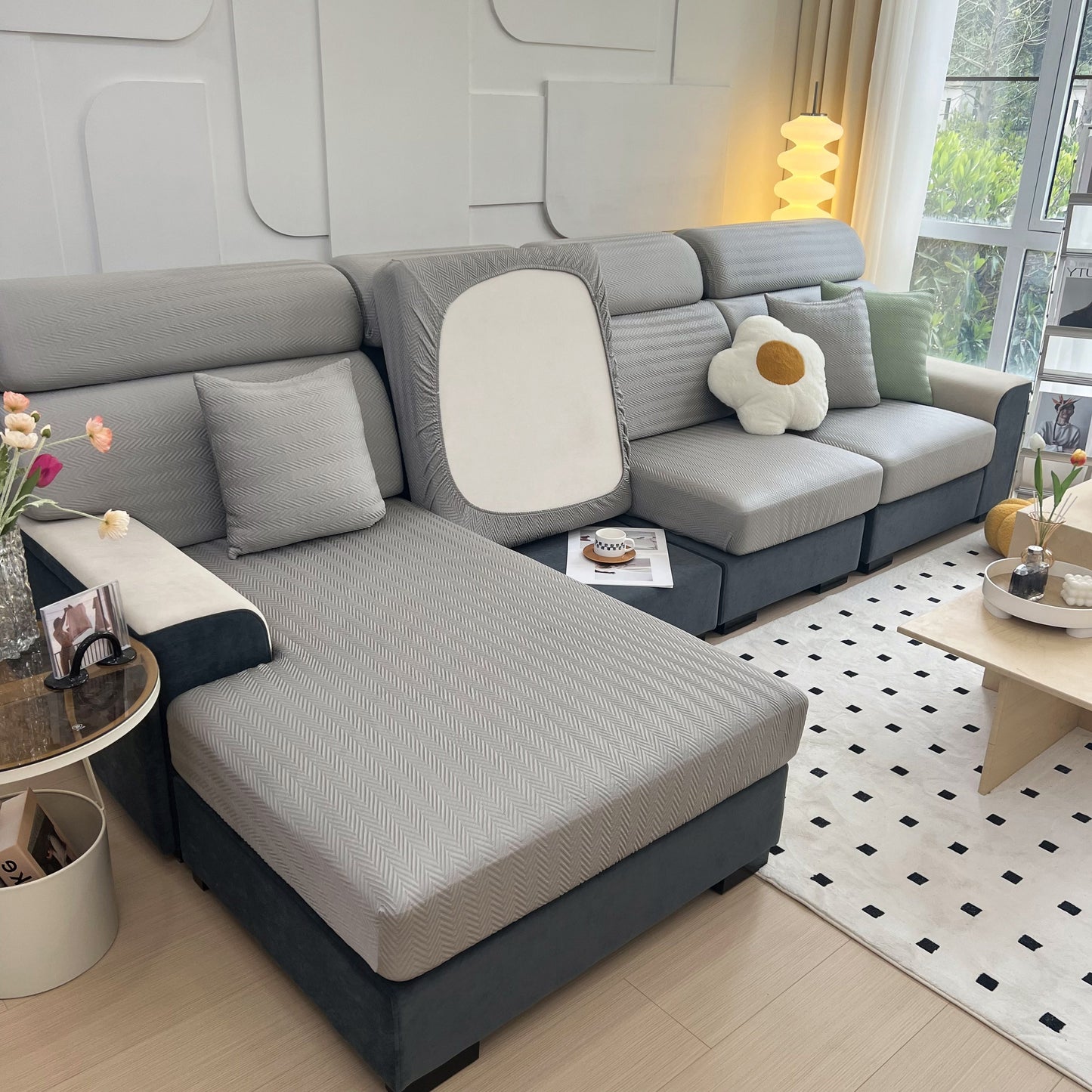 Cooling Stretchy Replacement Couch Cushion Covers for Sectional, Individual Couch Seat Cushion Covers on grey sectional sofa