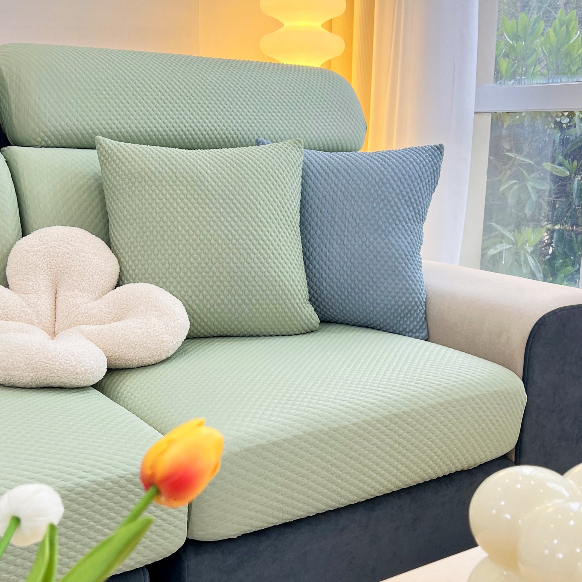 Cooling Stretch Sofa Seat Cushion Covers, Slip Covers for Cushions, Universal Couch Cushion Protector on a stylish sofa.