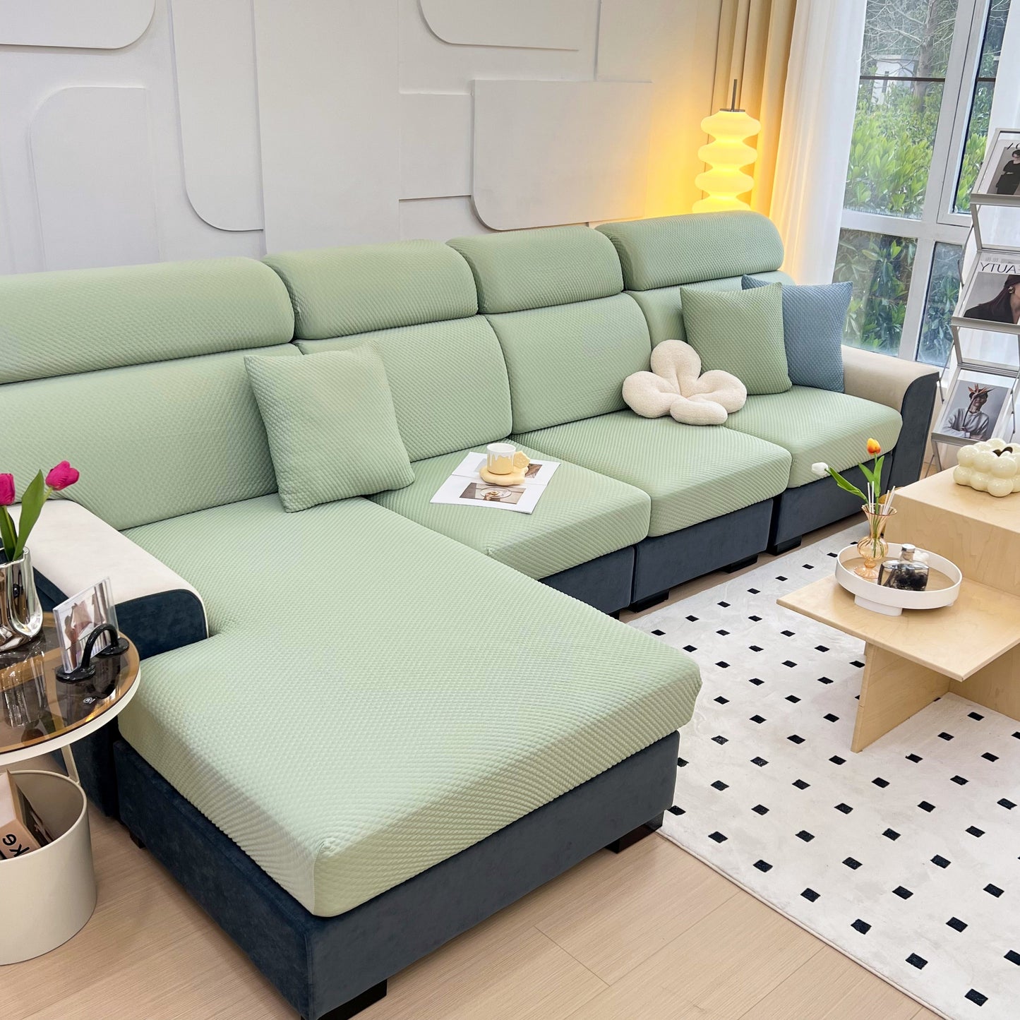 Living room with Cooling Stretch Sofa Seat Cushion Covers and green Slip Covers for Cushions on a beige sofa for a stylish look.