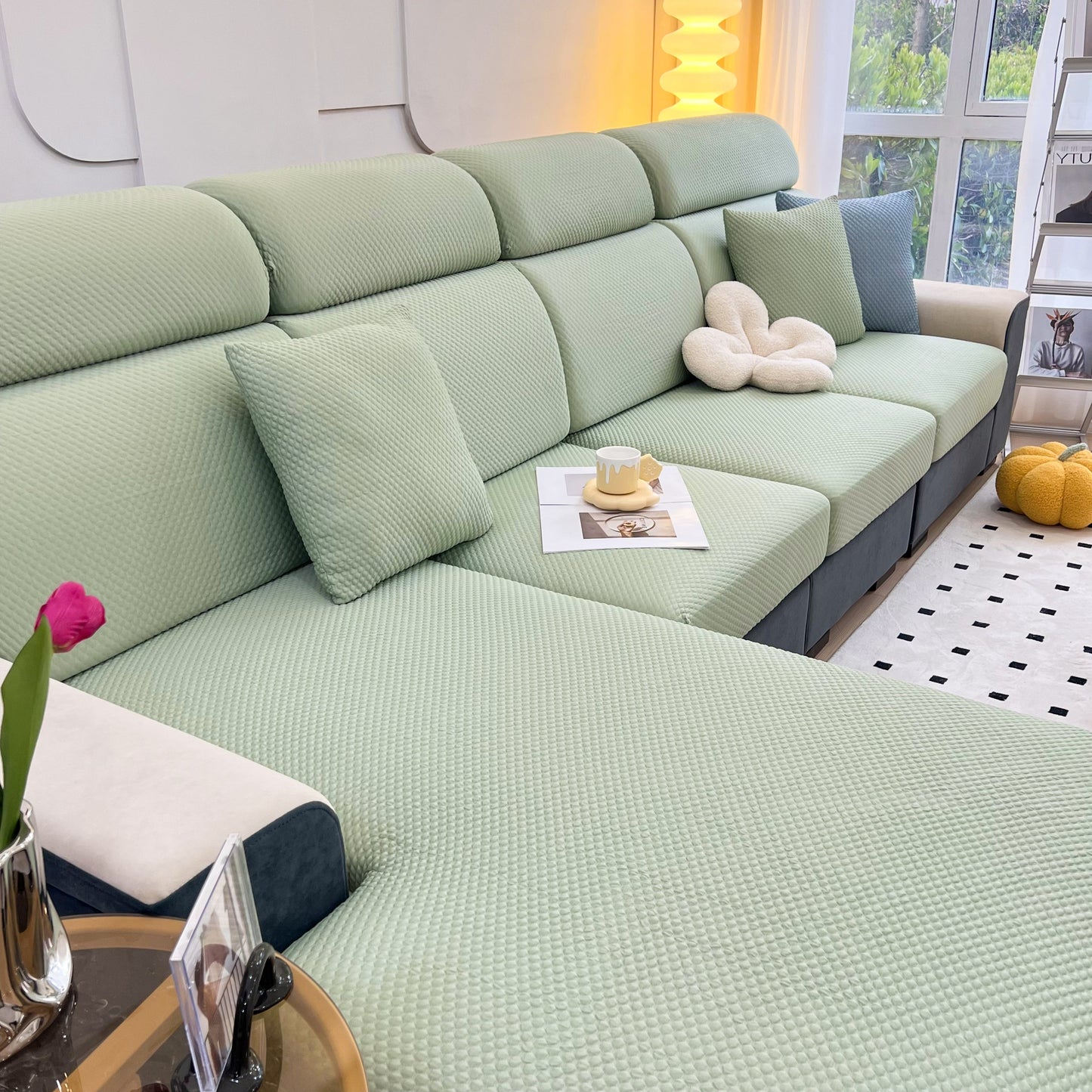 Living room with Cooling Stretch Sofa Seat Cushion Covers, Slip Covers for Cushions, Universal Couch Cushion Protector on green sofa