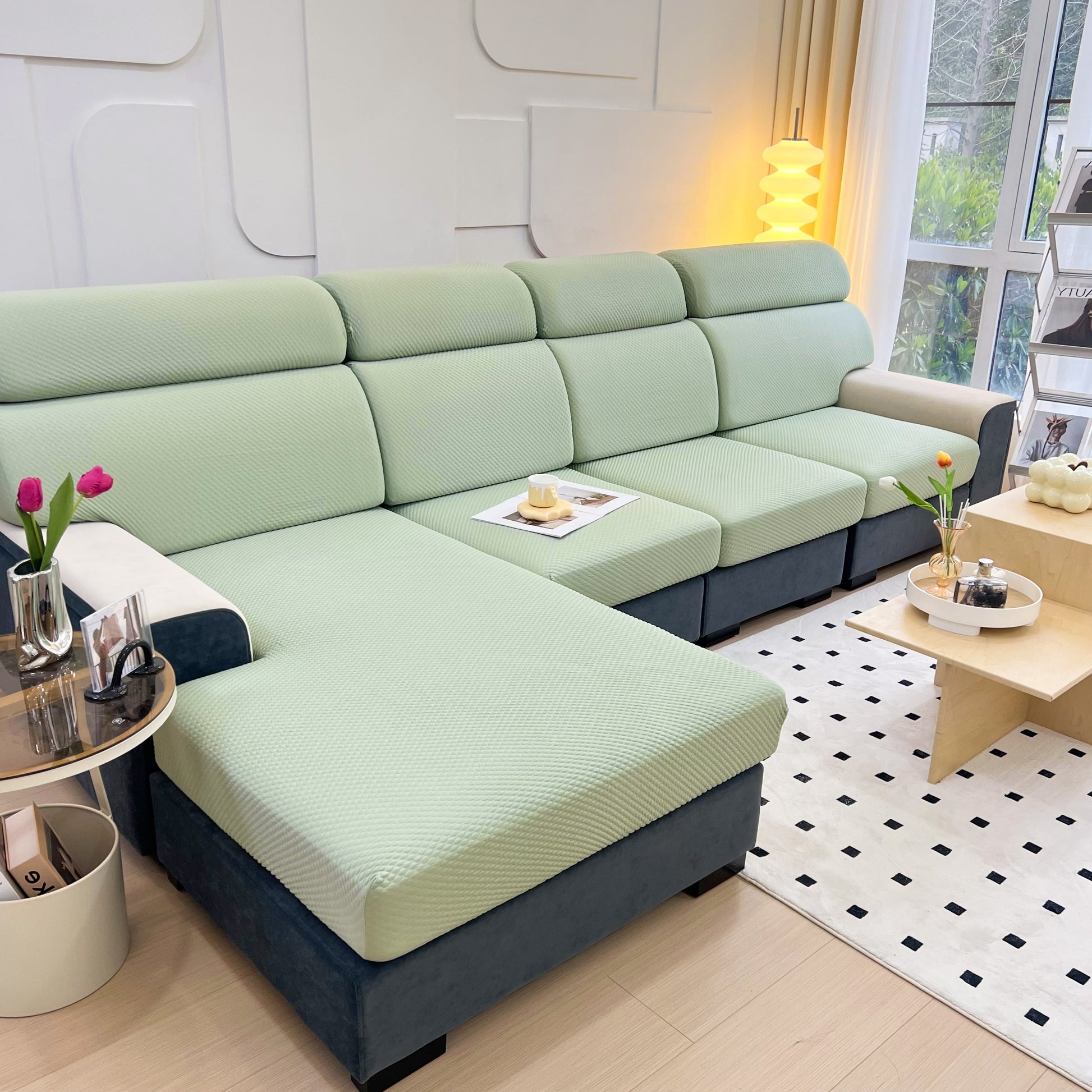 Cooling Stretch Sofa Seat Cushion Covers, Slip Covers for Cushions, Universal Couch Cushion Protector displayed on a modern sofa.