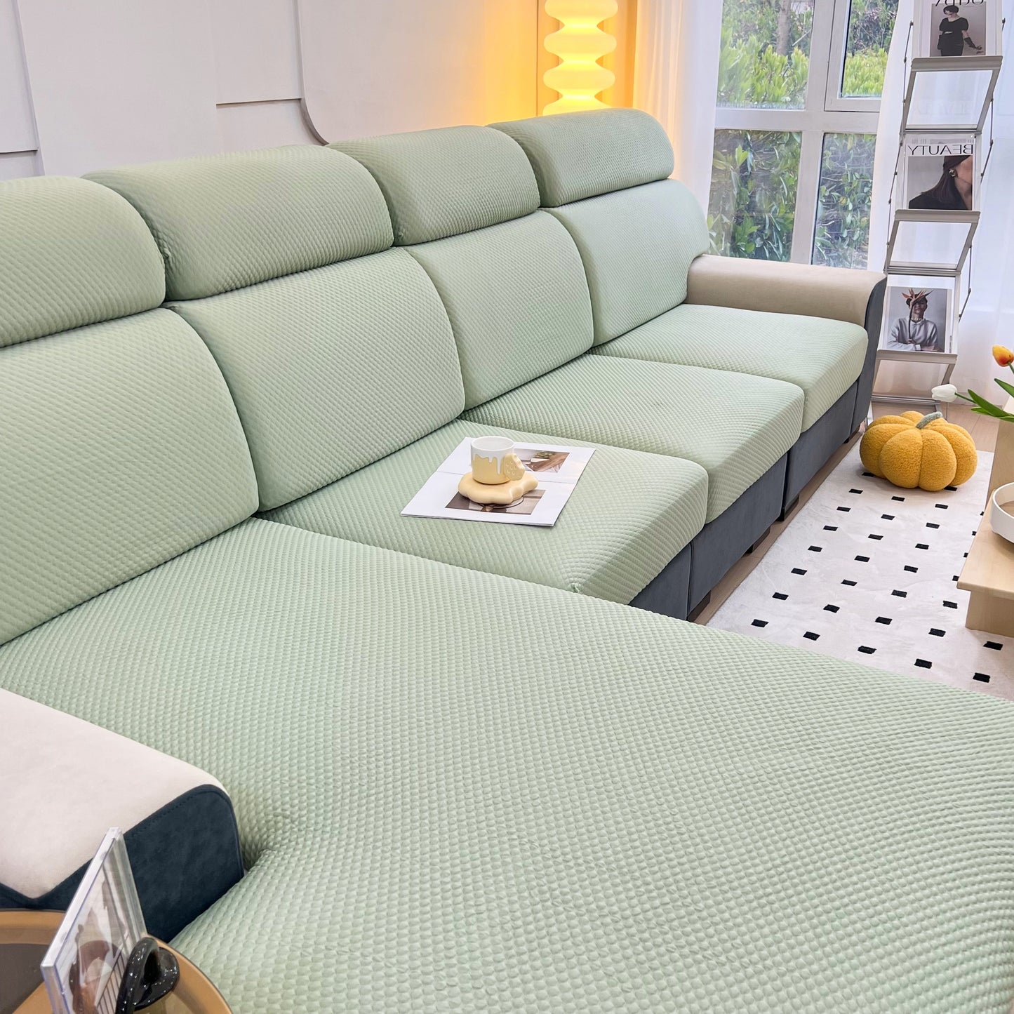 Cooling Stretch Sofa Seat Cushion Covers, Slip Covers for Cushions, Universal Couch Cushion Protector on green couch