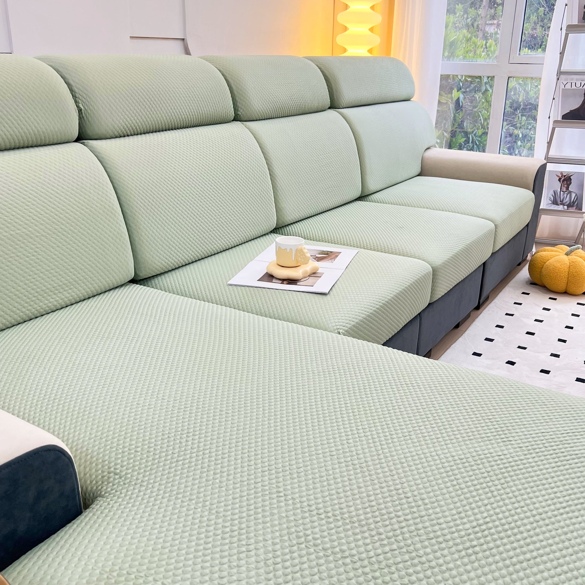 Cooling Stretch Sofa Seat Cushion Covers, Slip Covers for Cushions, Universal Couch Cushion Protector on green sofa.