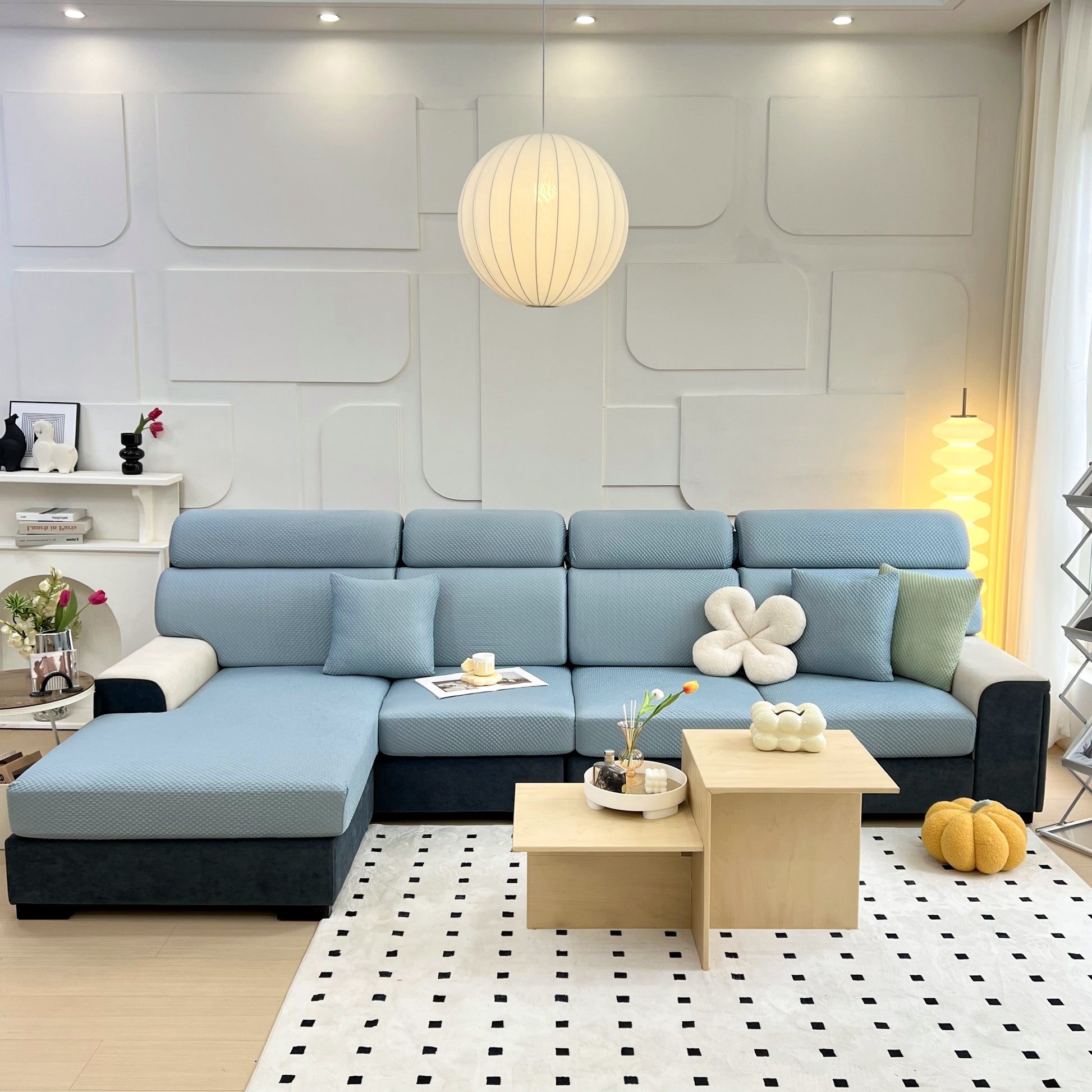Living room with blue Cooling Stretch Sofa Seat Cushion Covers, featuring Slip Covers for Cushions and Universal Couch Cushion Protector.