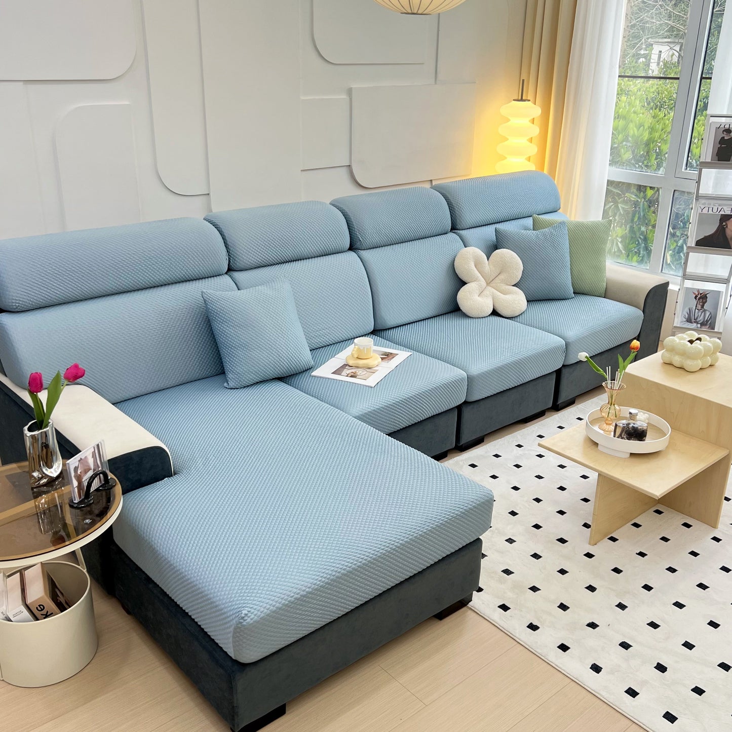 Living room with Cooling Stretch Sofa Seat Cushion Covers, Slip Covers for Cushions, Universal Couch Cushion Protector in blue.