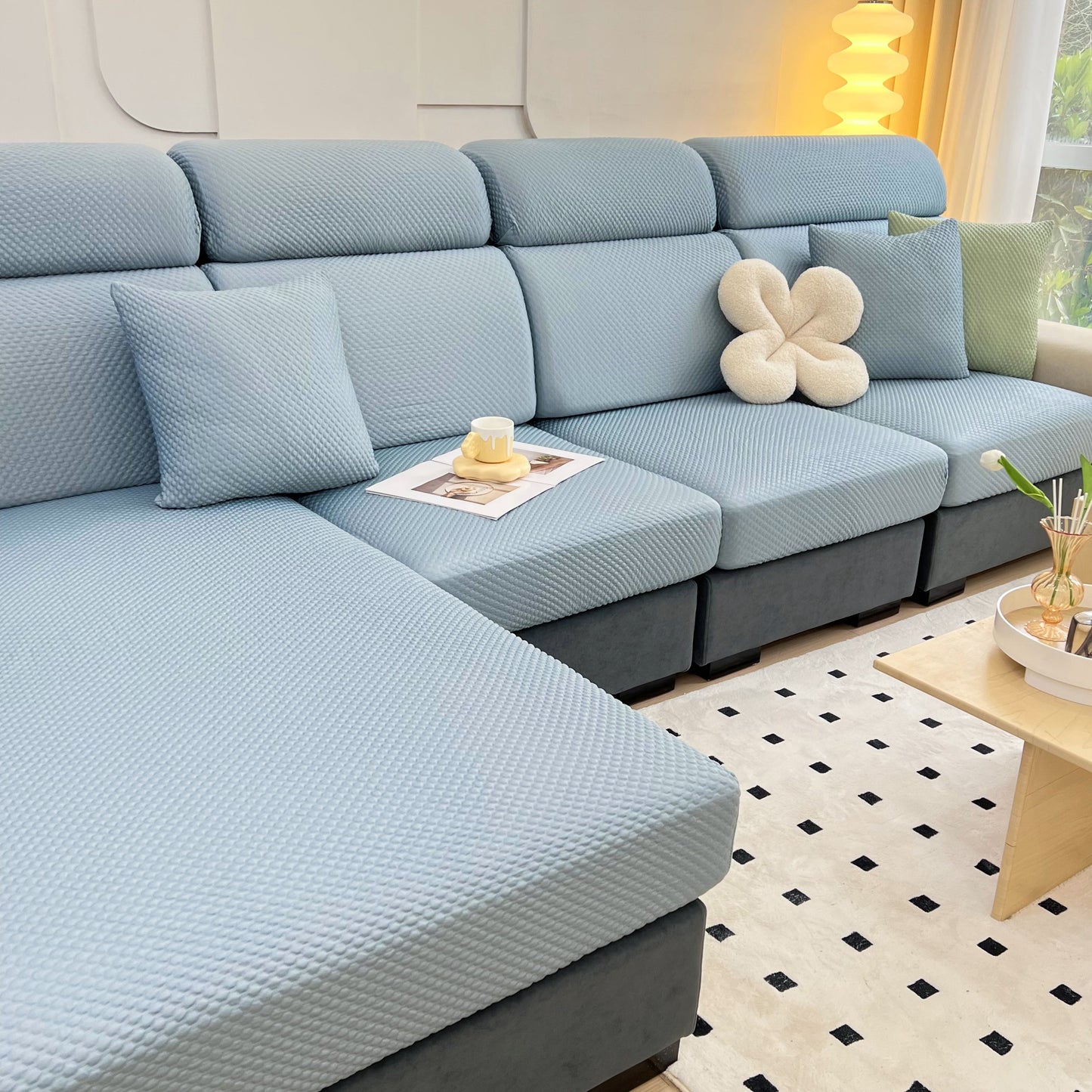 Cooling Stretch Sofa Seat Cushion Covers, Slip Covers for Cushions, Universal Couch Cushion Protector on blue sofa