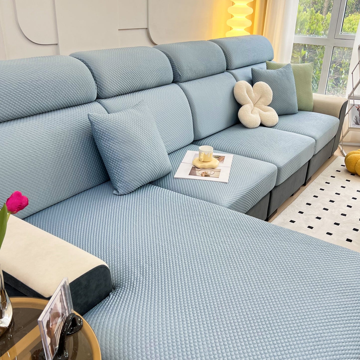 Cooling Stretch Sofa Seat Cushion Covers on a modern couch in a living room, showcasing slip covers for cushions with universal protector fit.