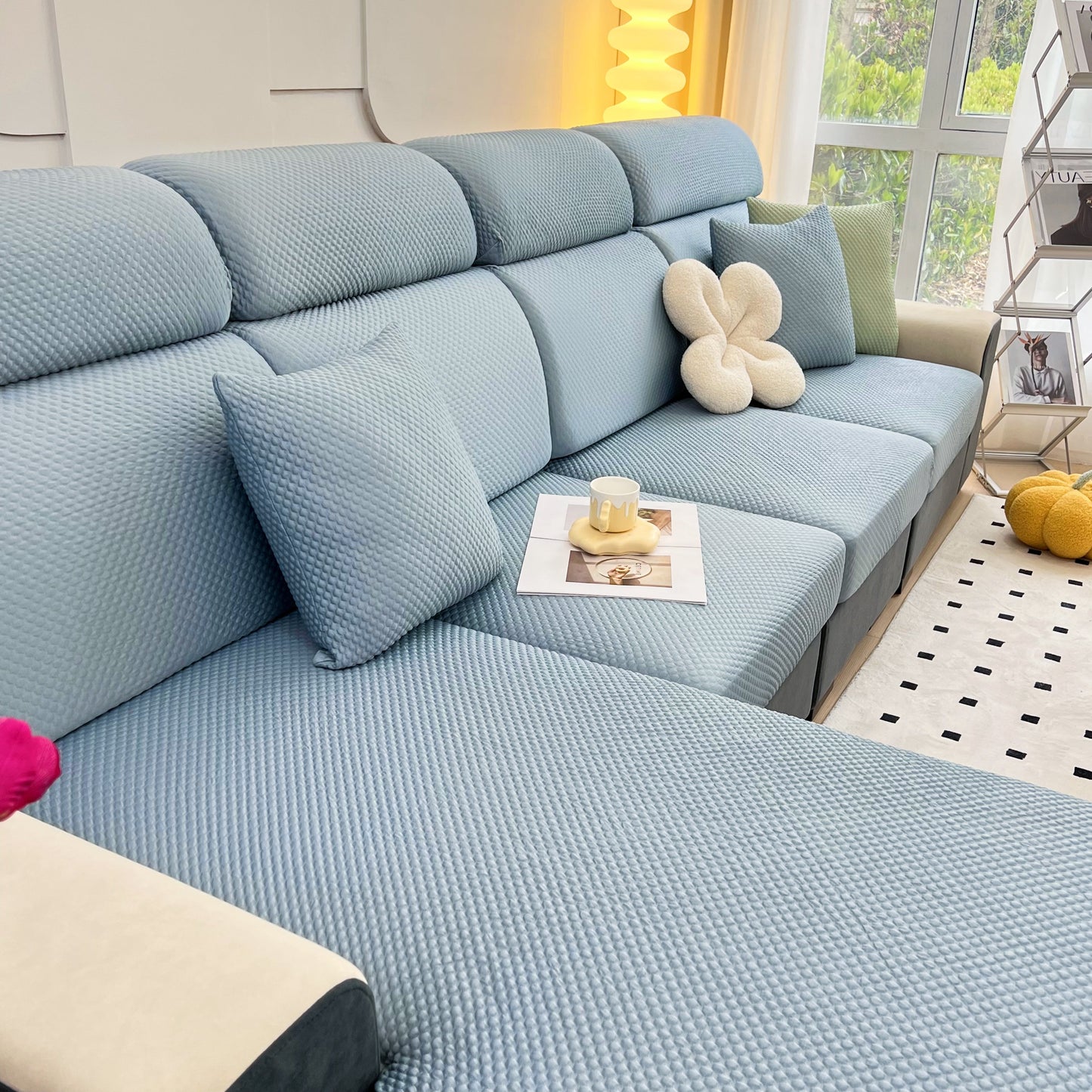 Modern living room with Cooling Stretch Sofa Seat Cushion Covers, Slip Covers for Cushions, Universal Couch Cushion Protector on fabric sofa.