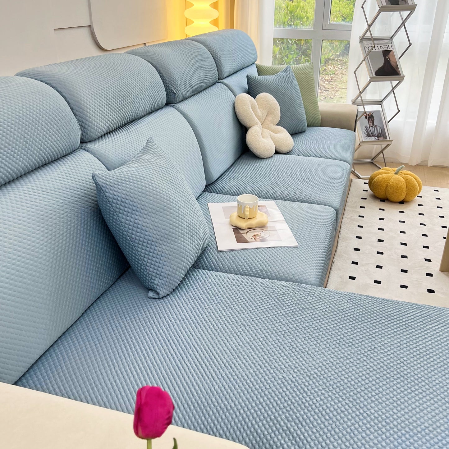 Cooling Stretch Sofa Seat Cushion Covers, Slip Covers for Cushions, Universal Couch Cushion Protector on blue sofa