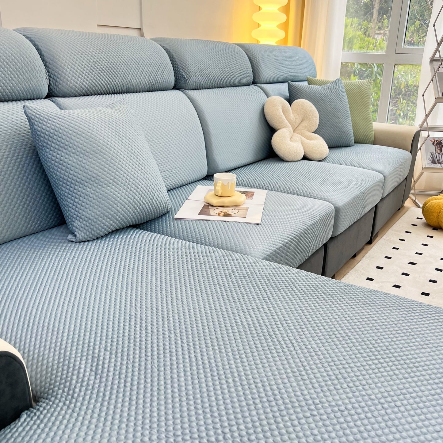 Cooling Stretch Sofa Seat Cushion Covers, Slip Covers for Cushions, Universal Couch Cushion Protector on grey sofa in living room