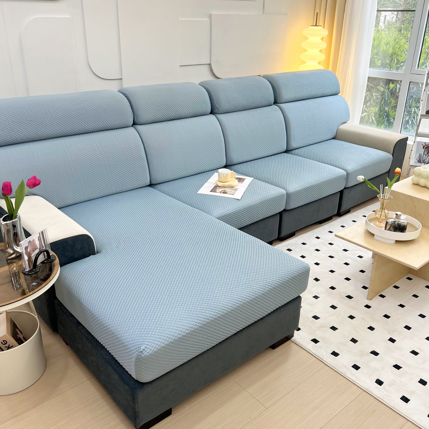 Cooling Stretch Sofa Seat Cushion Covers, Slip Covers for Cushions, Universal Couch Cushion Protector on modern blue sofa
