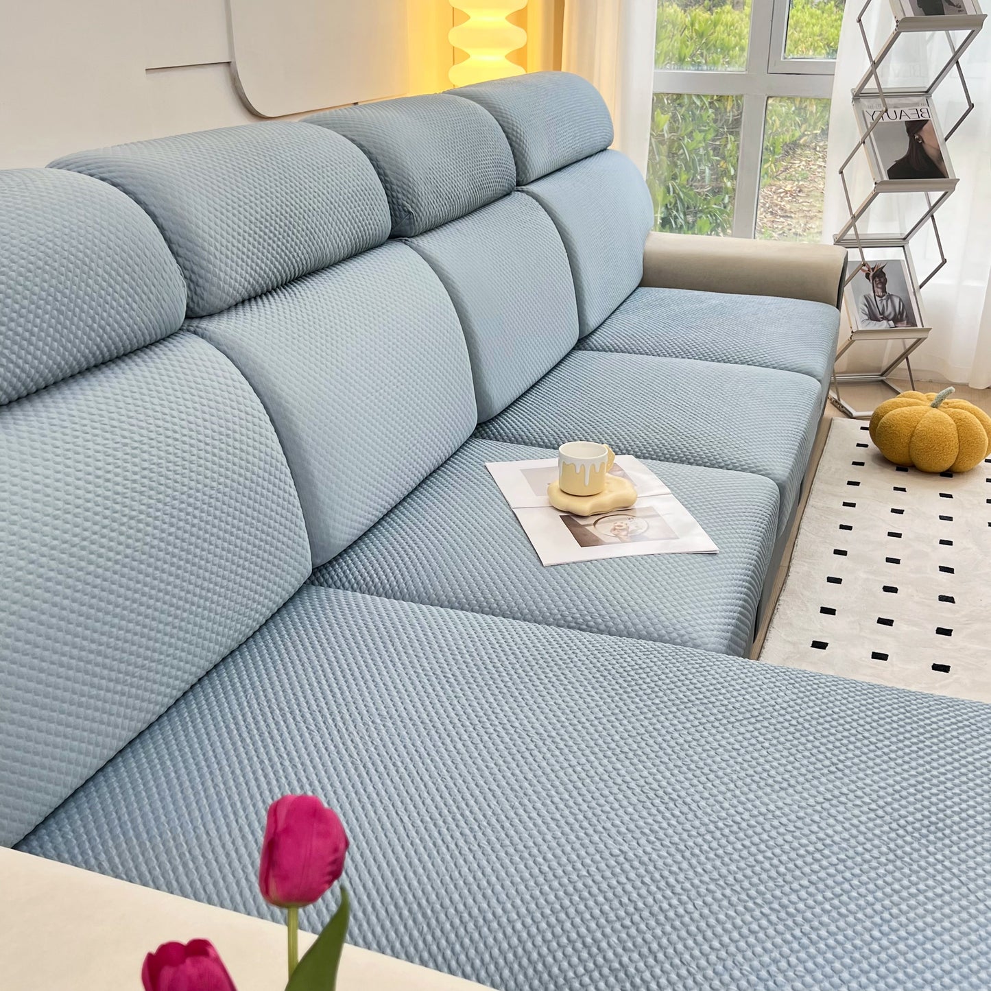 Cooling Stretch Sofa Seat Cushion Covers, Slip Covers for Cushions on a modern couch in a cozy living room setting.