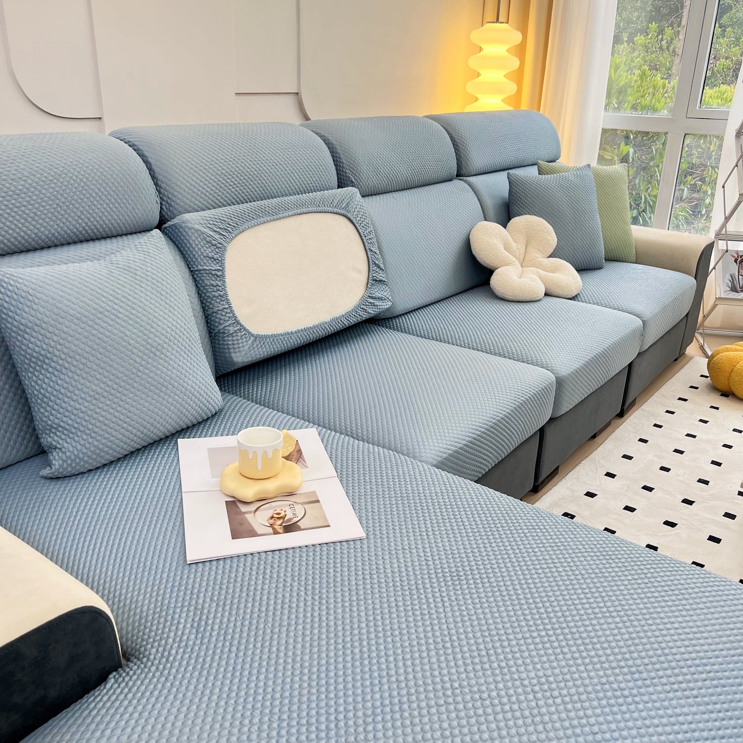 Cooling Stretch Sofa Seat Cushion Covers, Slip Covers for Cushions, Universal Couch Cushion Protector on blue sofa in cozy room