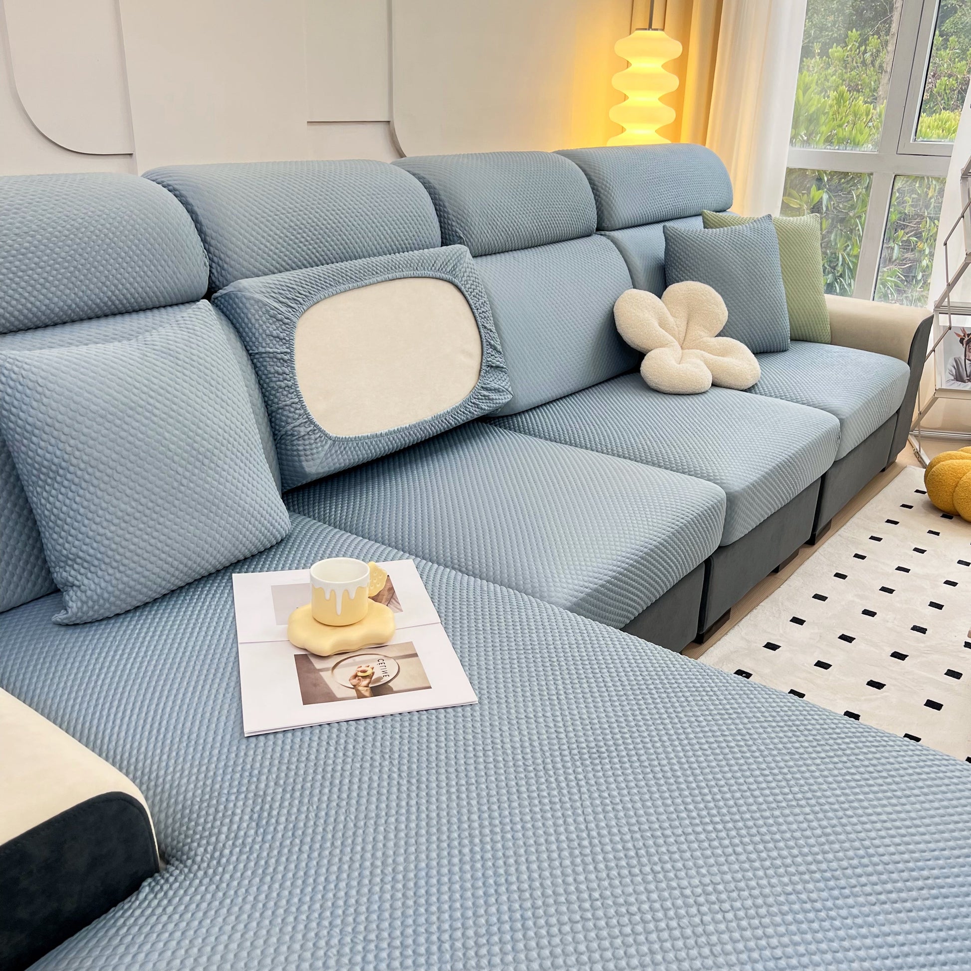 Cooling Stretch Sofa Seat Cushion Covers, Slip Covers for Cushions, Universal Couch Cushion Protector on blue sofa in cozy room