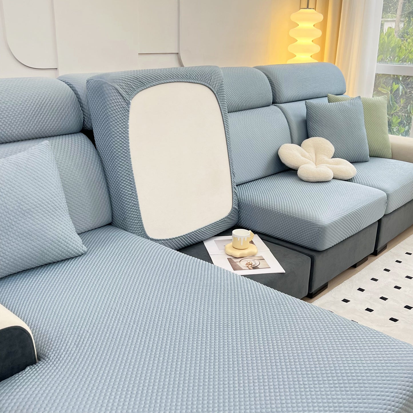 Cooling Stretch Sofa Seat Cushion Covers, Slip Covers for Cushions, Universal Couch Cushion Protector on blue couch.