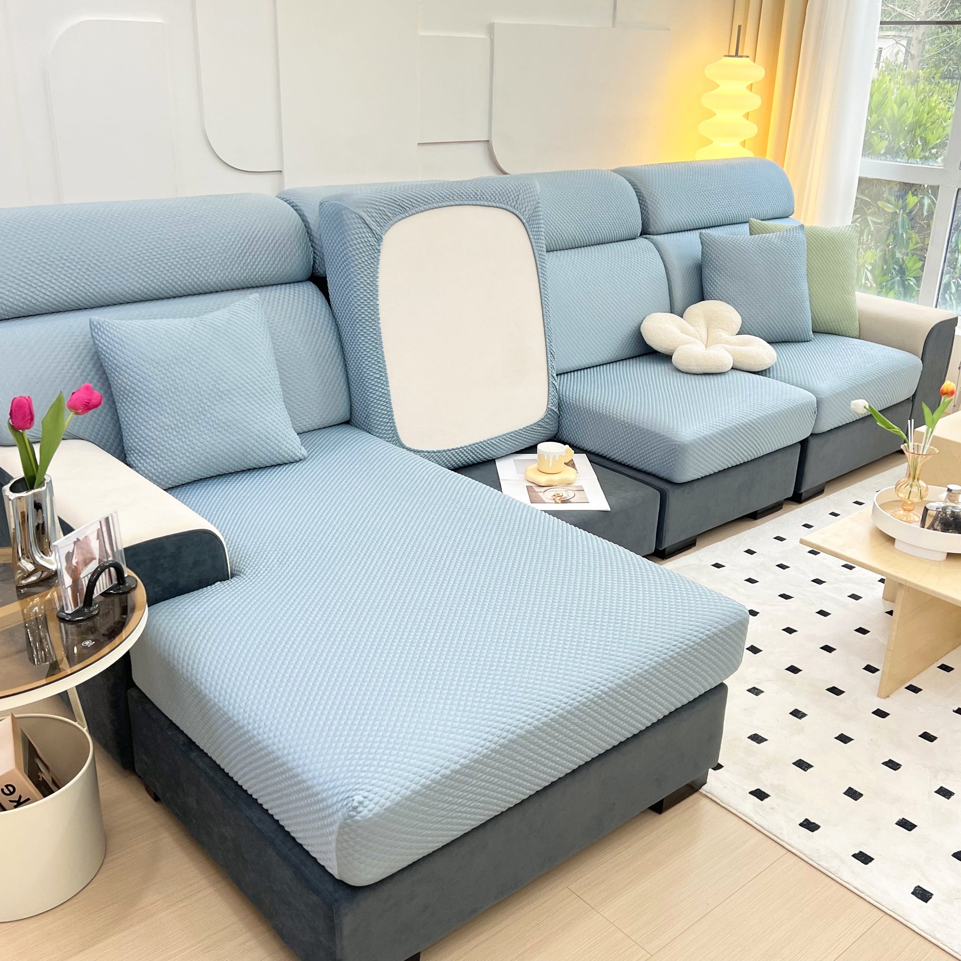 Cooling Stretch Sofa Seat Cushion Covers, Slip Covers for Cushions, Universal Couch Cushion Protector on modern blue sofa.
