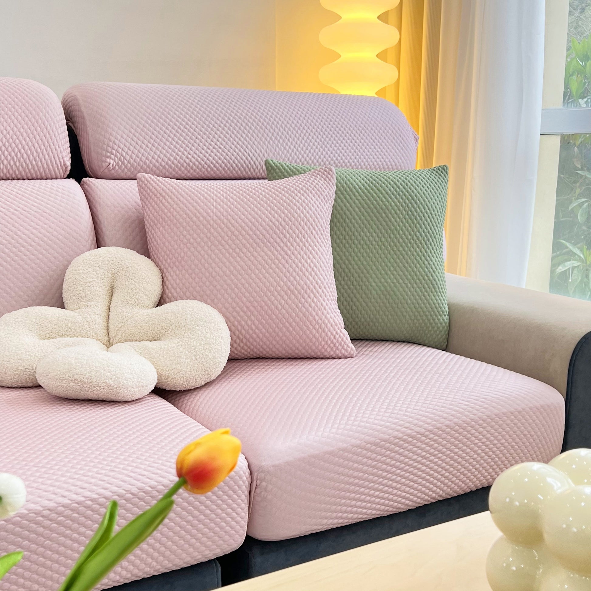 Cooling Stretch Sofa Seat Cushion Covers, Slip Covers for Cushions, Universal Couch Cushion Protector on pink sofa