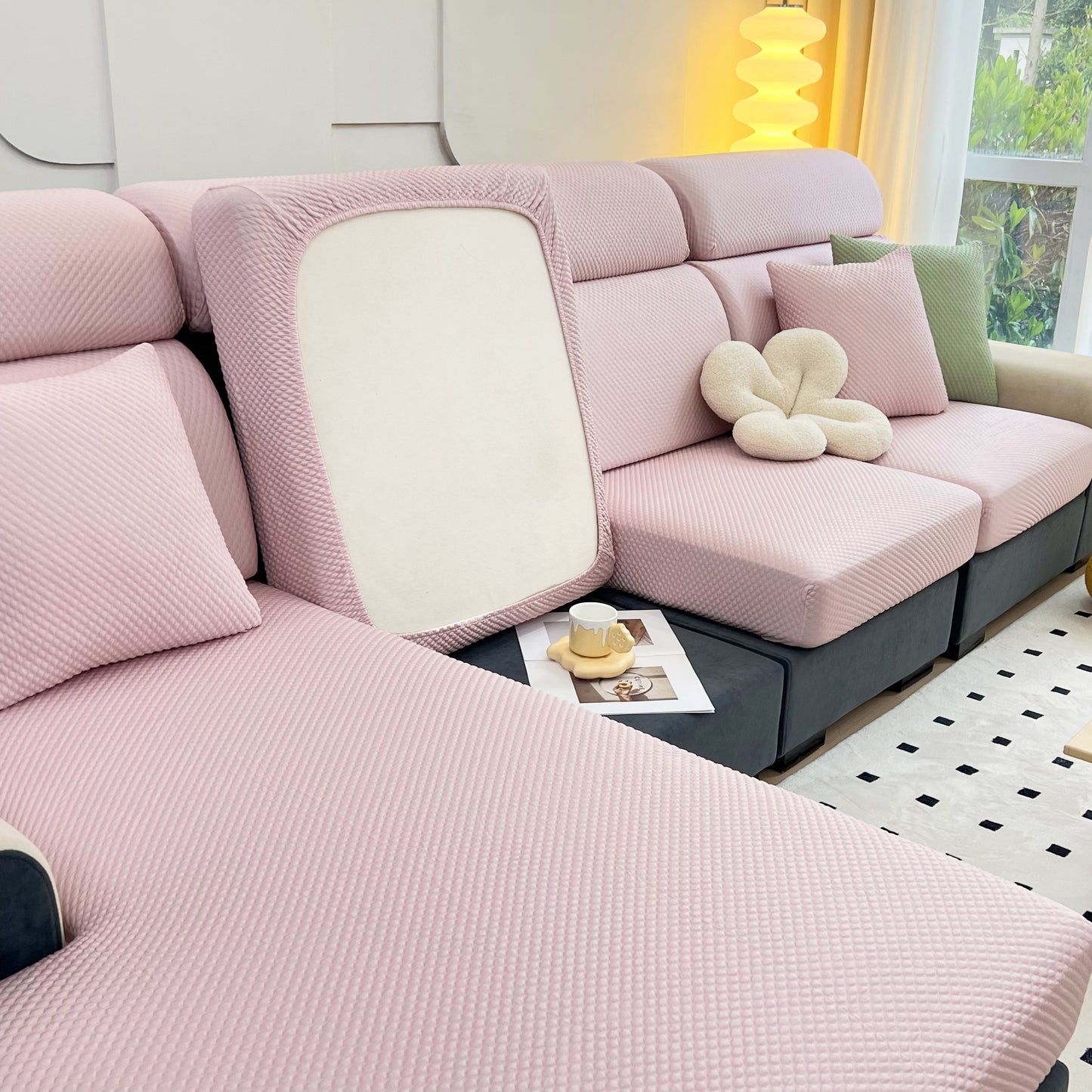 Cooling Stretch Sofa Seat Cushion Covers, Slip Covers for Cushions, Universal Couch Cushion Protector displayed on pink sofa.