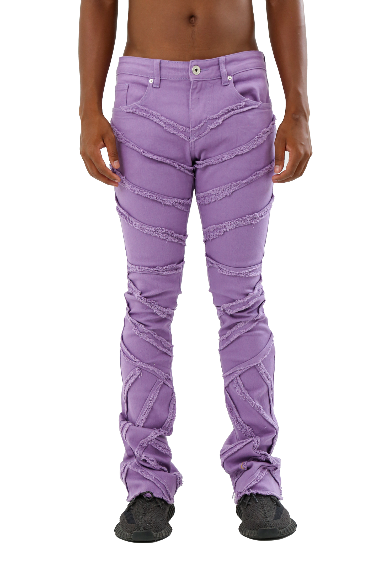 AJS410 SHREDDED STACKED JEANS in purple with mid rise, five-pocket design, stretchy fabric, belt loops, and button fastening.