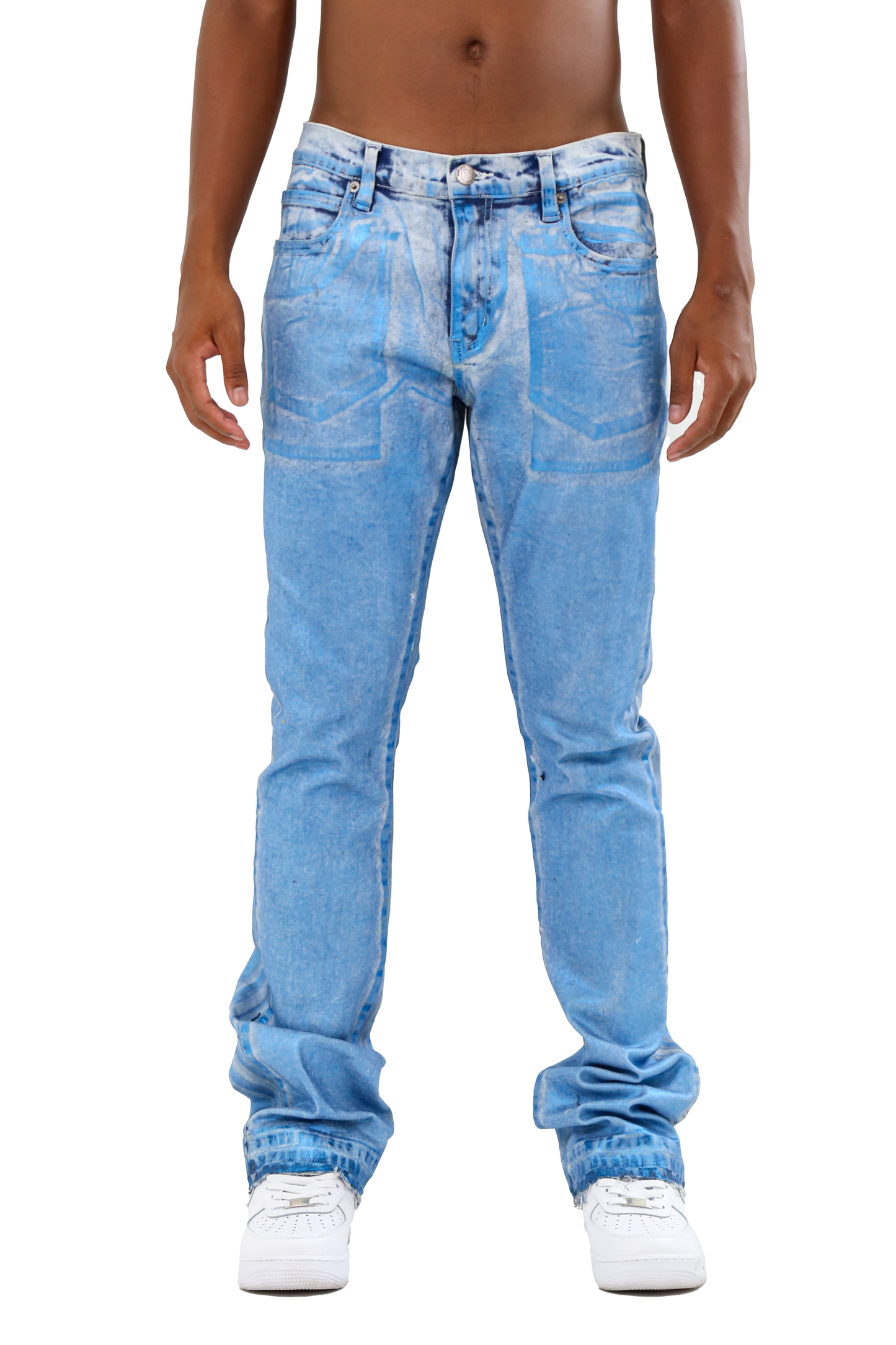 Model wearing ASJ08 FOIL WASH STACKED JEANS with mid-rise waist and stretchy cotton fabric, showcasing five-pocket design and belt loops.