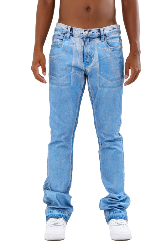 Model wearing ASJ08 FOIL WASH STACKED JEANS with mid-rise waist and stretchy cotton fabric, showcasing five-pocket design and belt loops.